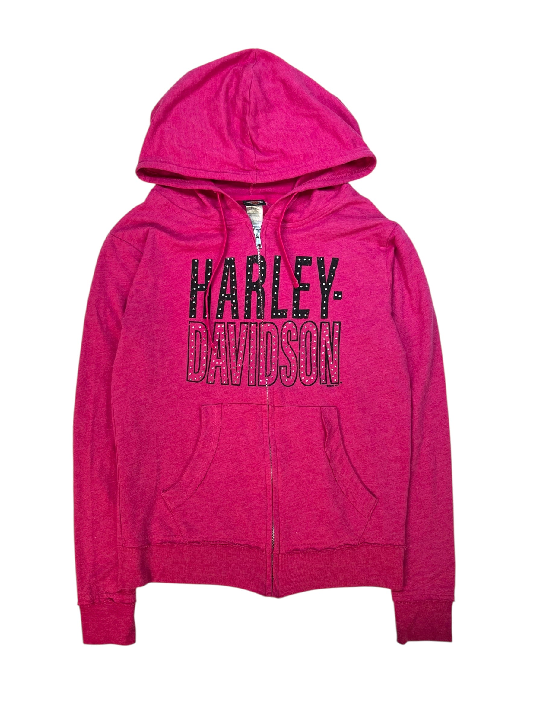 (M) Pink Harley Davidson Embellished Zip-up Hoodie