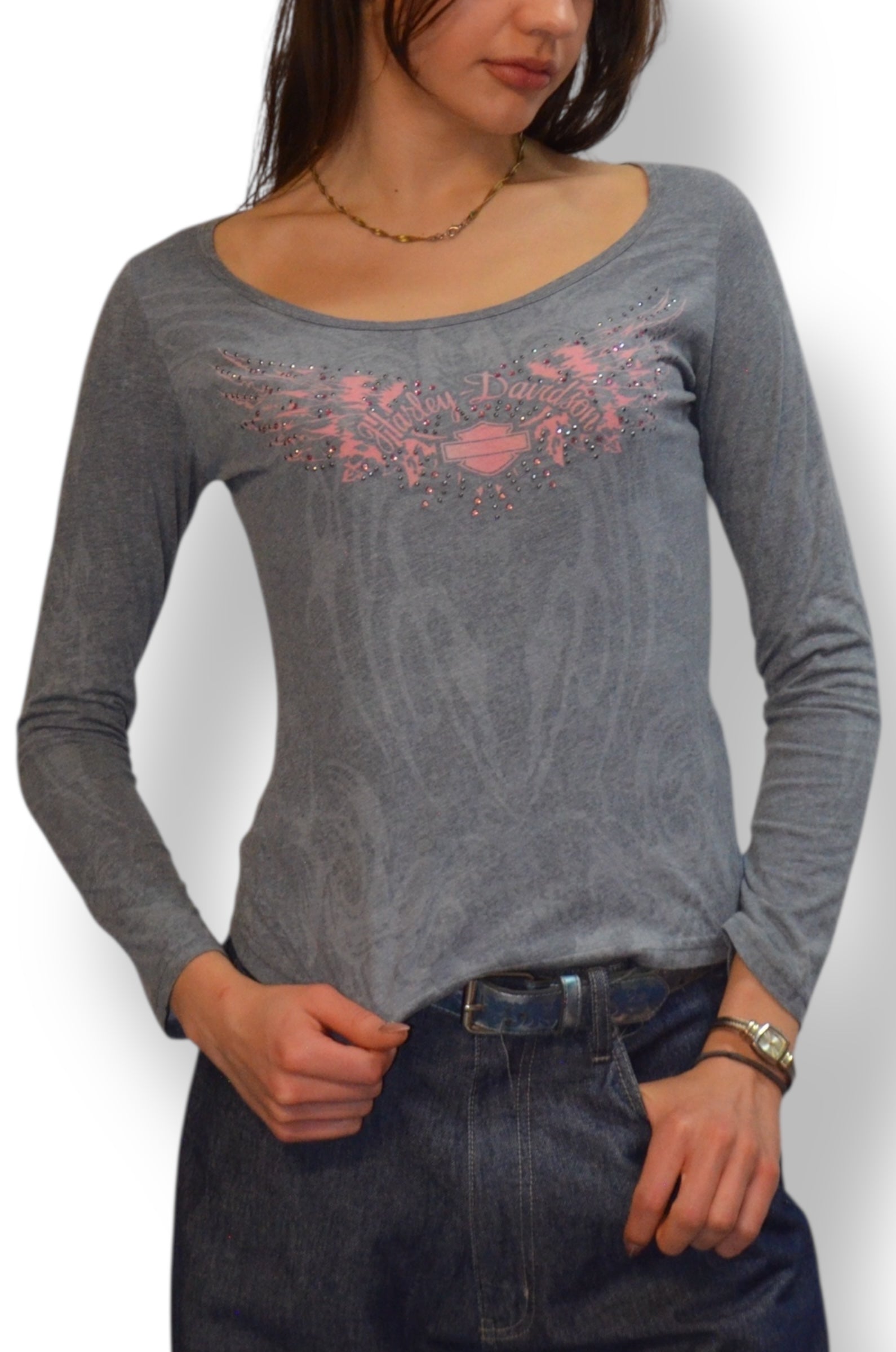 (M) Gray and Pink Embellished Long Sleeve Harley Davidson Tee