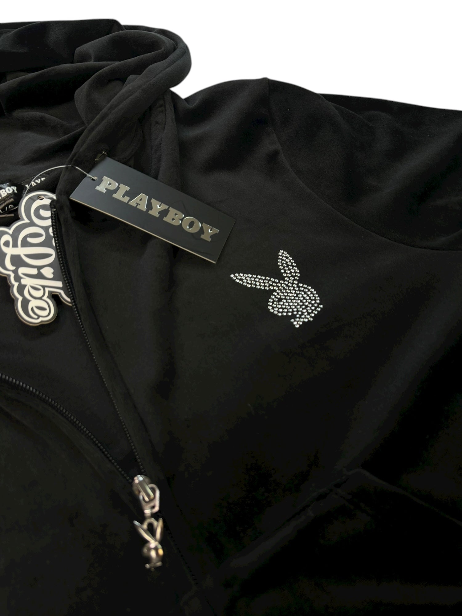(XL) Black Embellished Playboy Zip-up Hoodie