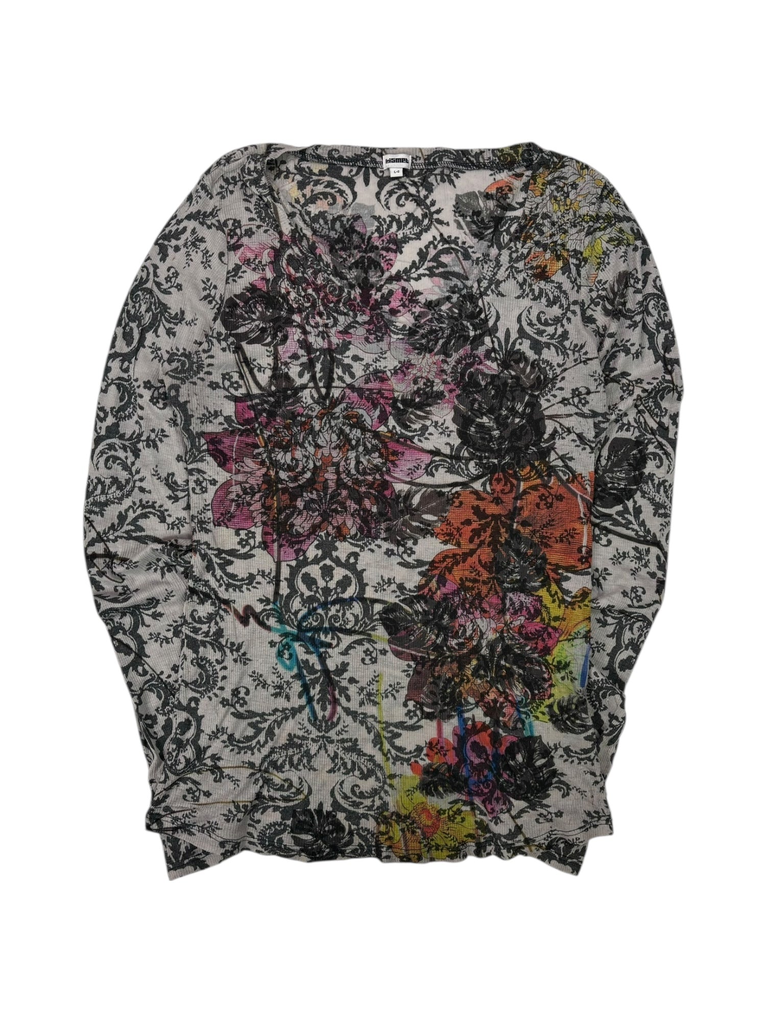 (L) Kismet Grey Floral Printed Long Sleeve Waffle Tee
