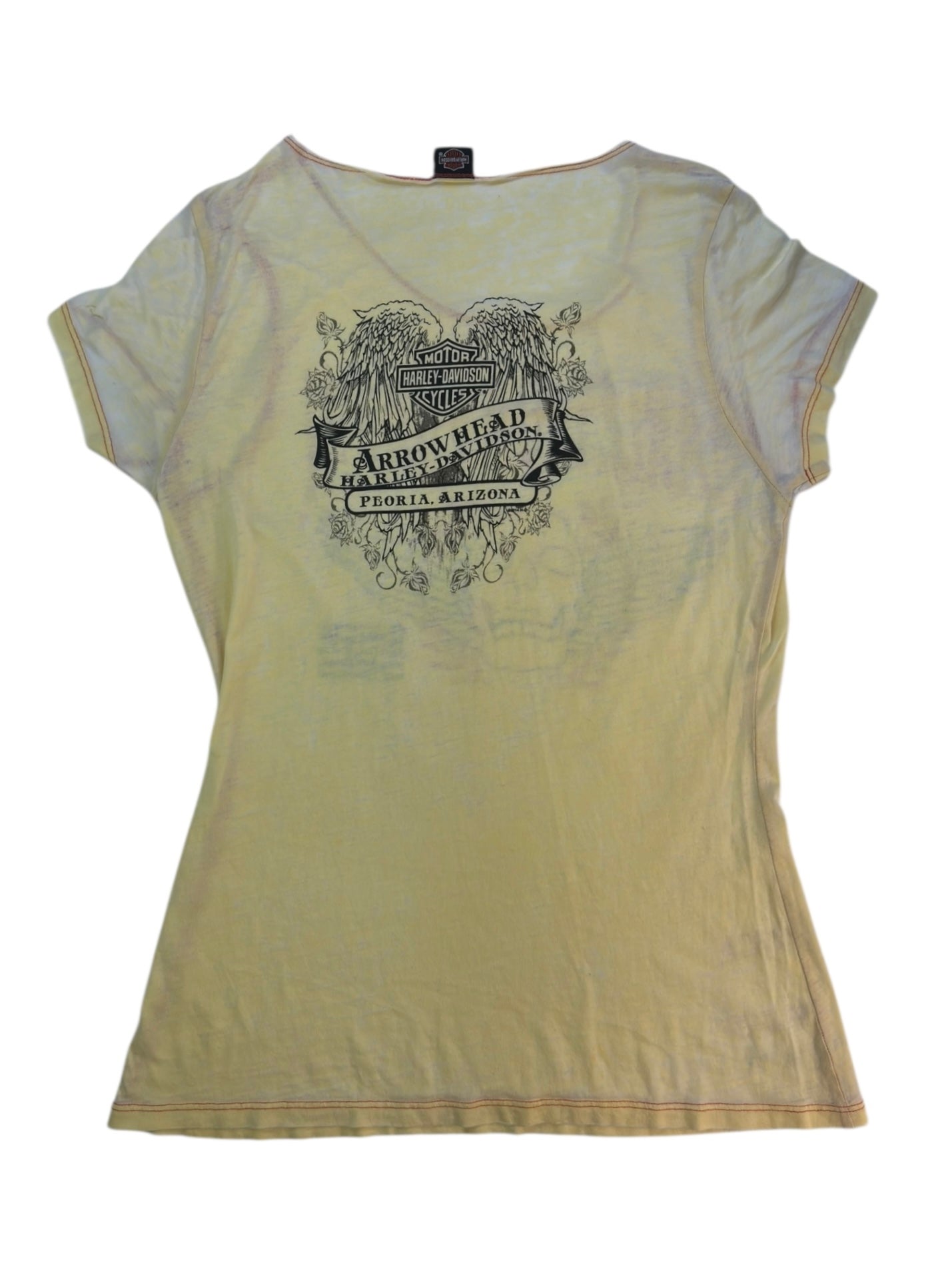 (M) Yellow Embellished Burnout Style Harley Davidson Tee