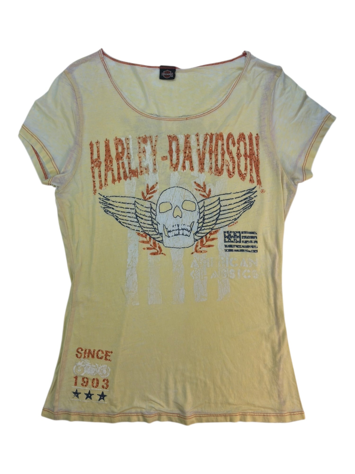 (M) Yellow Embellished Burnout Style Harley Davidson Tee