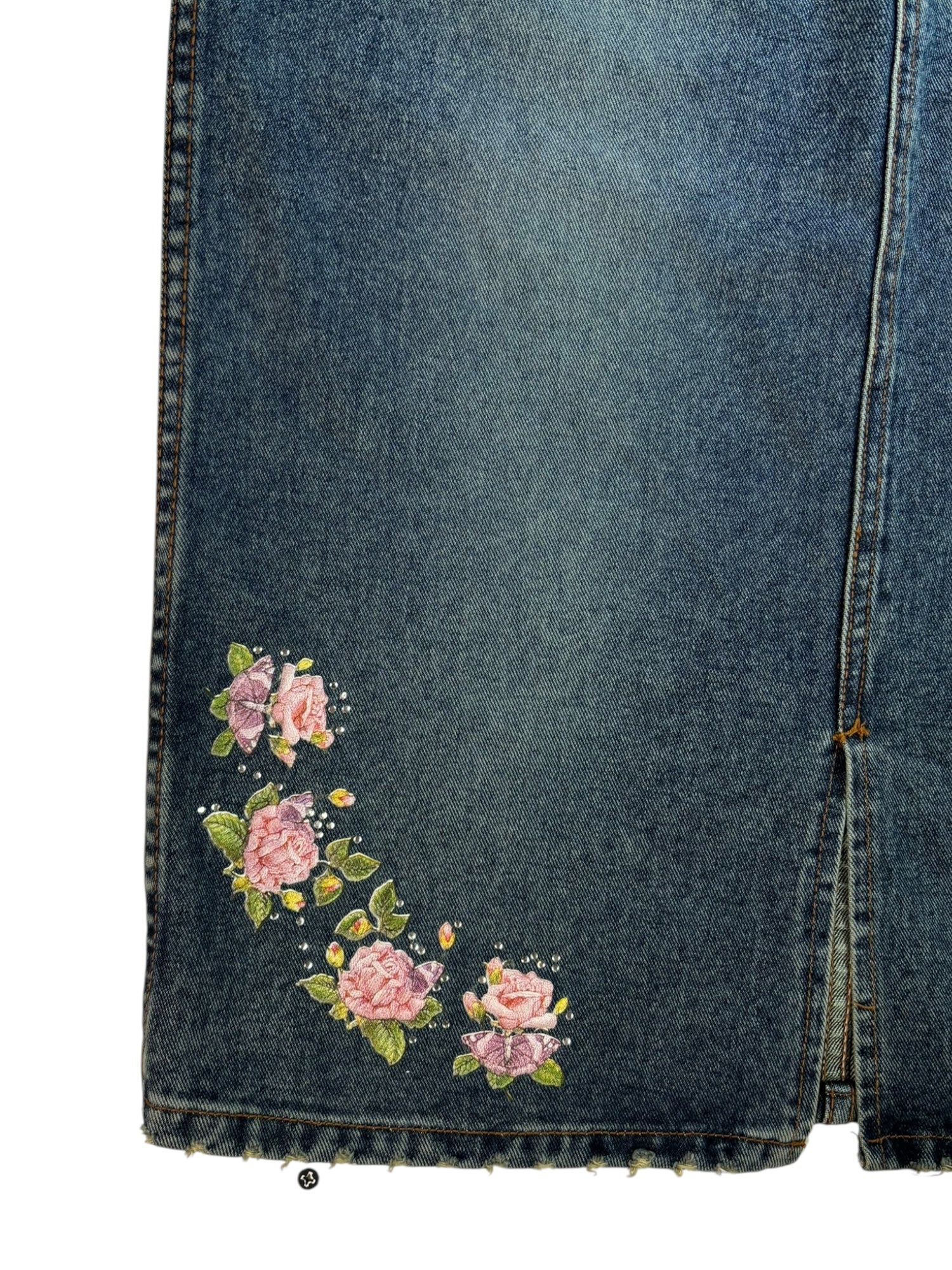 (29) Relaxed Jeans Embellished Denim Midi Skirt