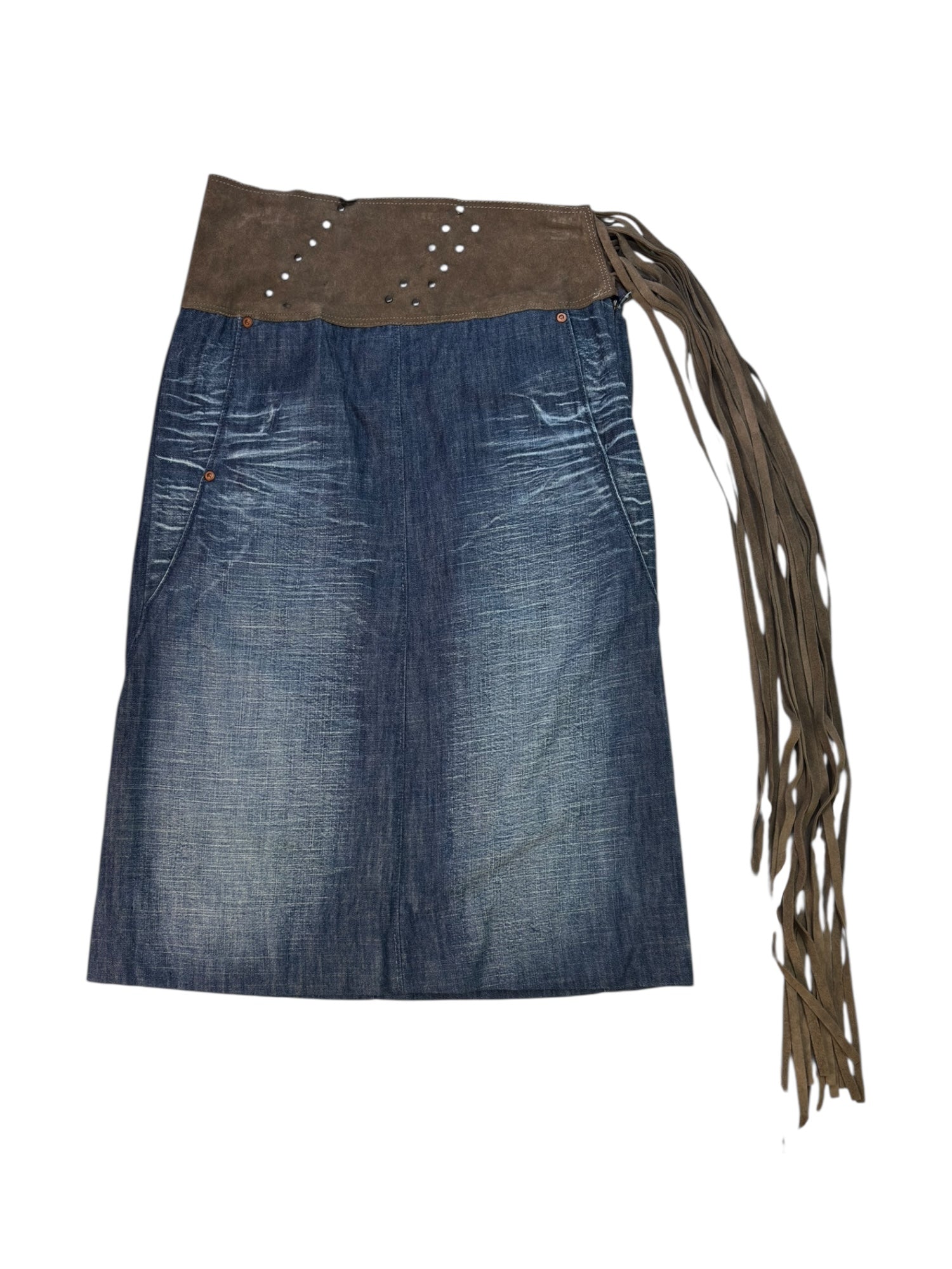 (28) Fringe Waist Detail Denim Midi Skirt