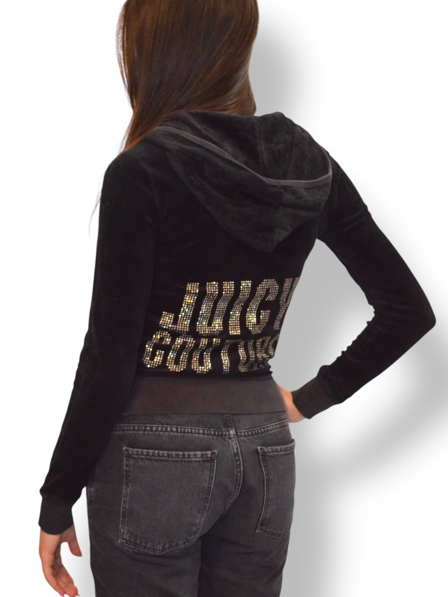 (XS) Black Embellished Juicy Couture Zip-up Hoodie