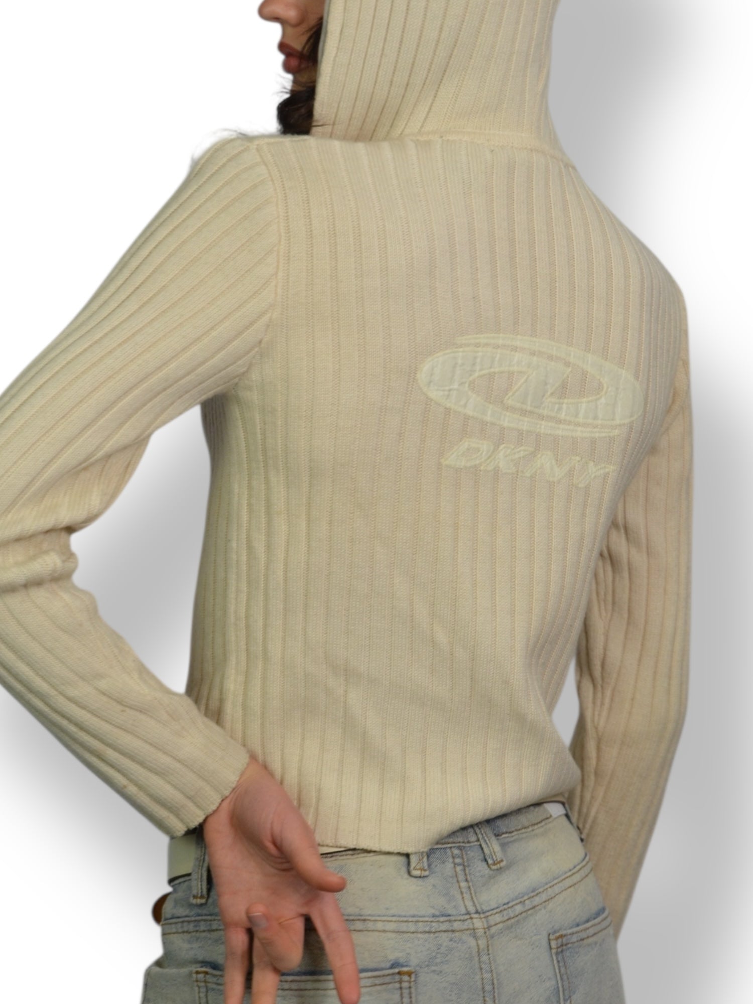 (L) DKNY Active Ribbed Cream Zip Up Hoodie