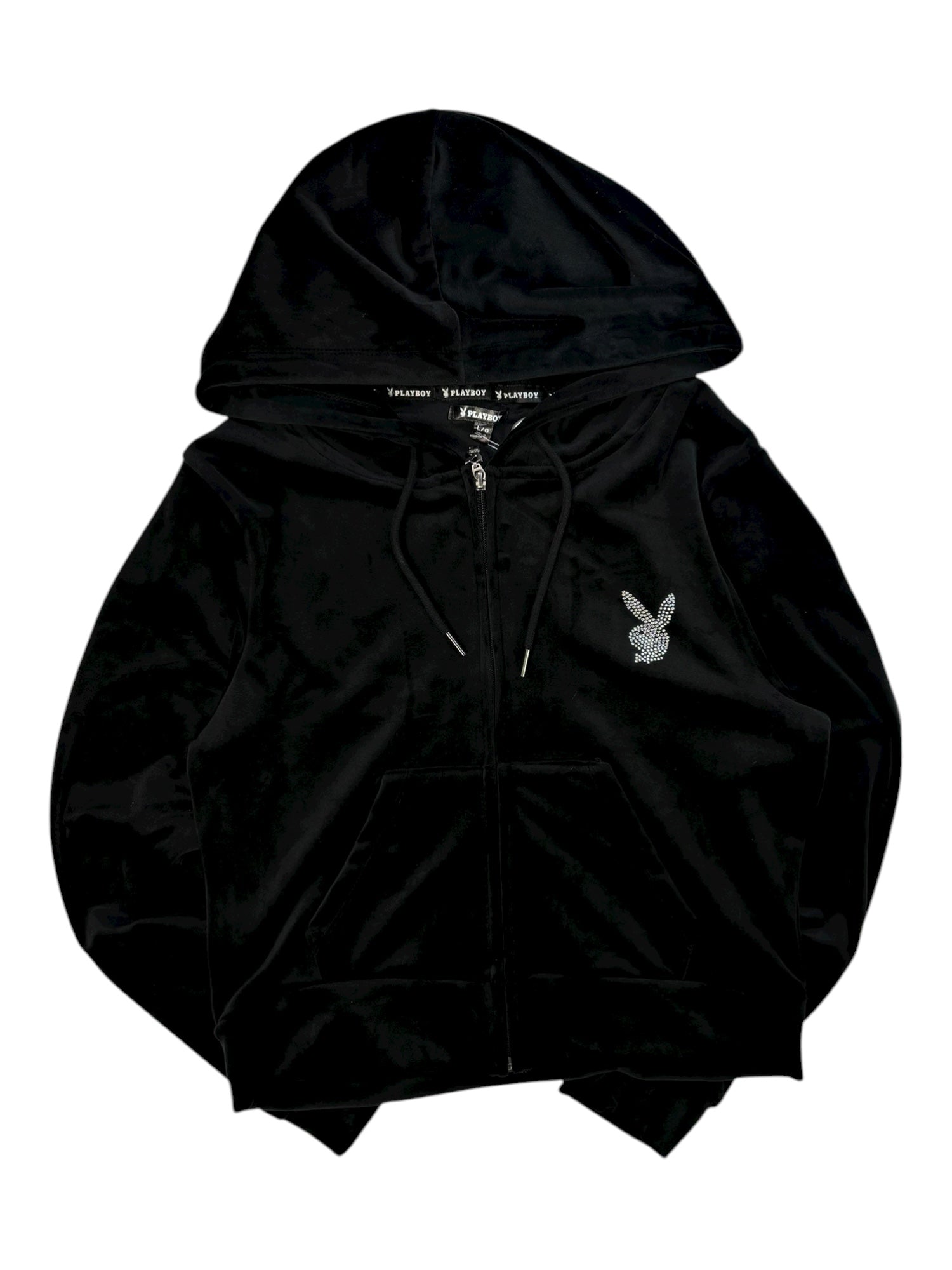 (XL) Black Embellished Playboy Zip-up Hoodie