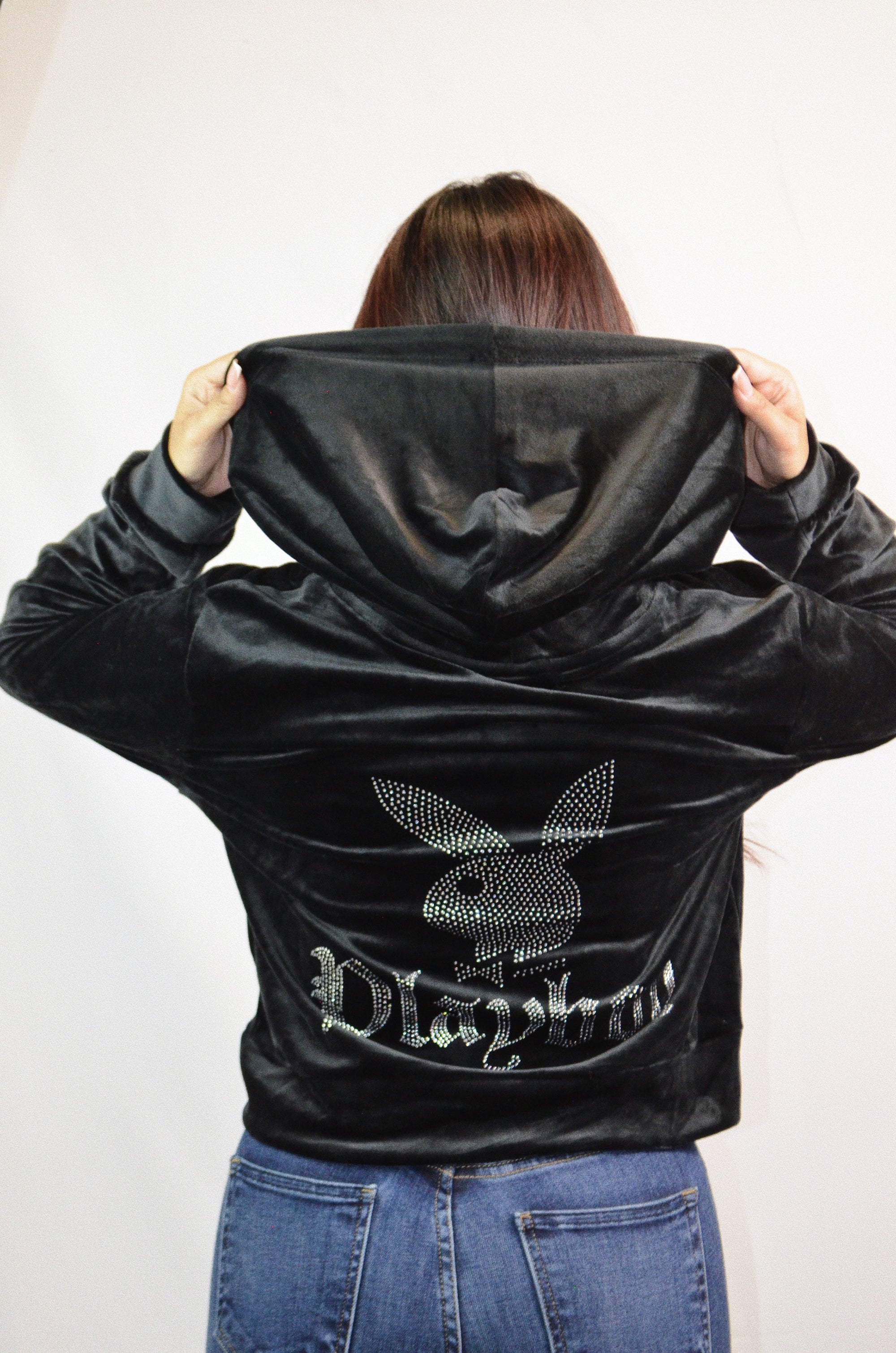 (XL) Black Embellished Playboy Zip-up Hoodie