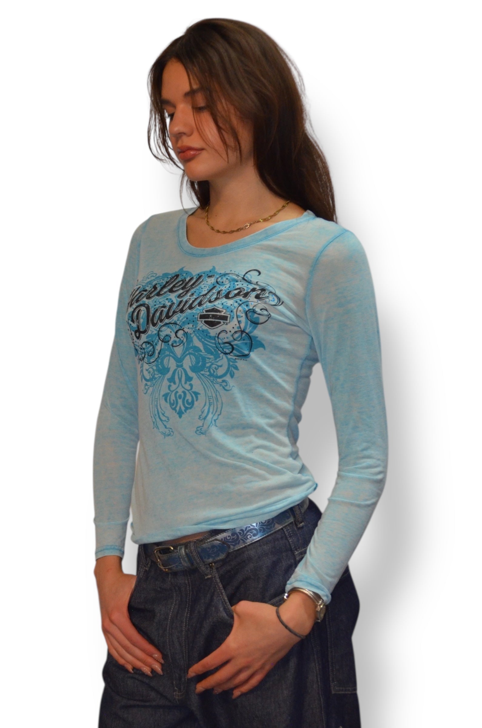 (M) Red Deer Blue Embellished Long Sleeve Harley Davidson Tee