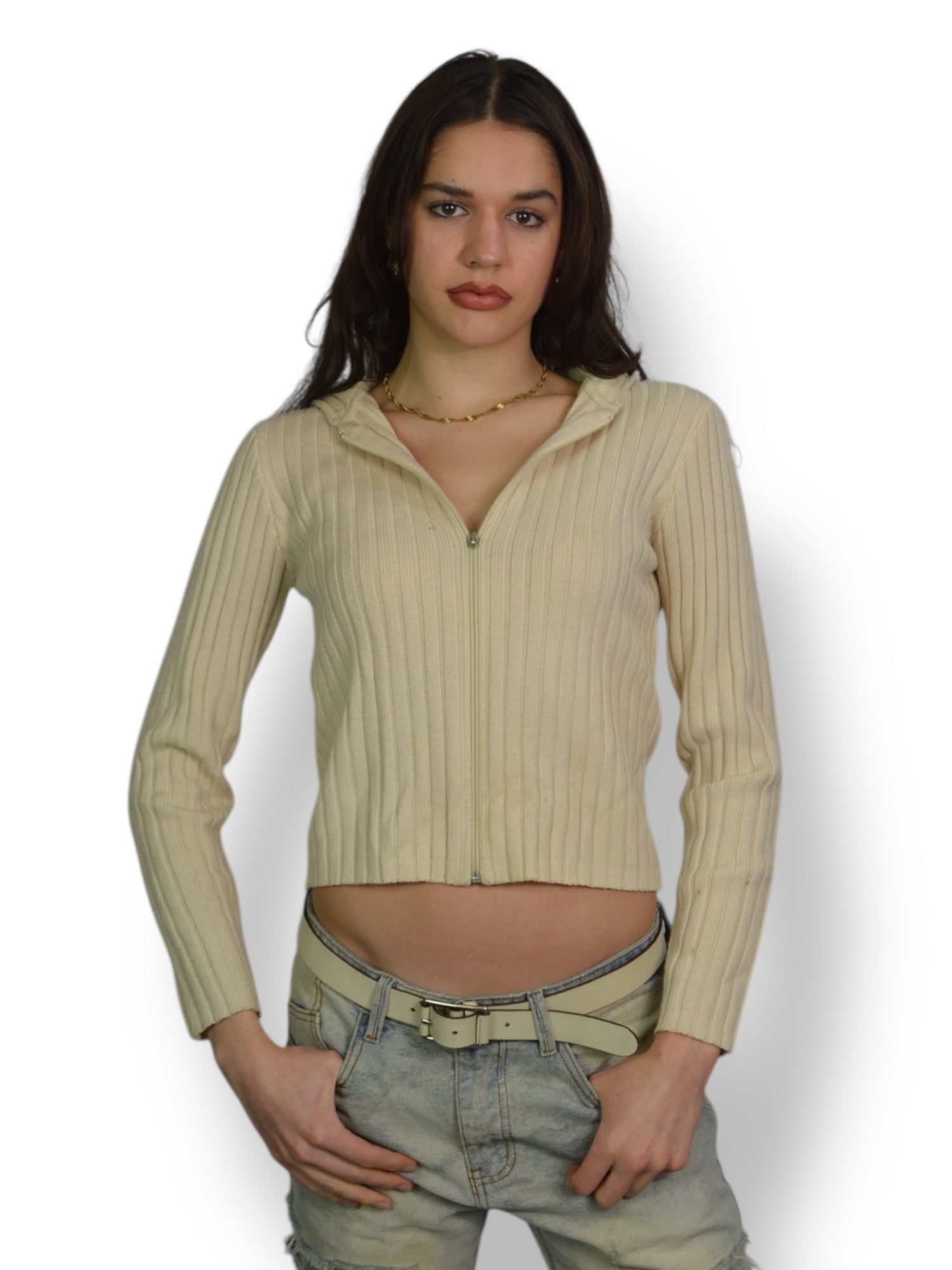 (L) DKNY Active Ribbed Cream Zip Up Hoodie