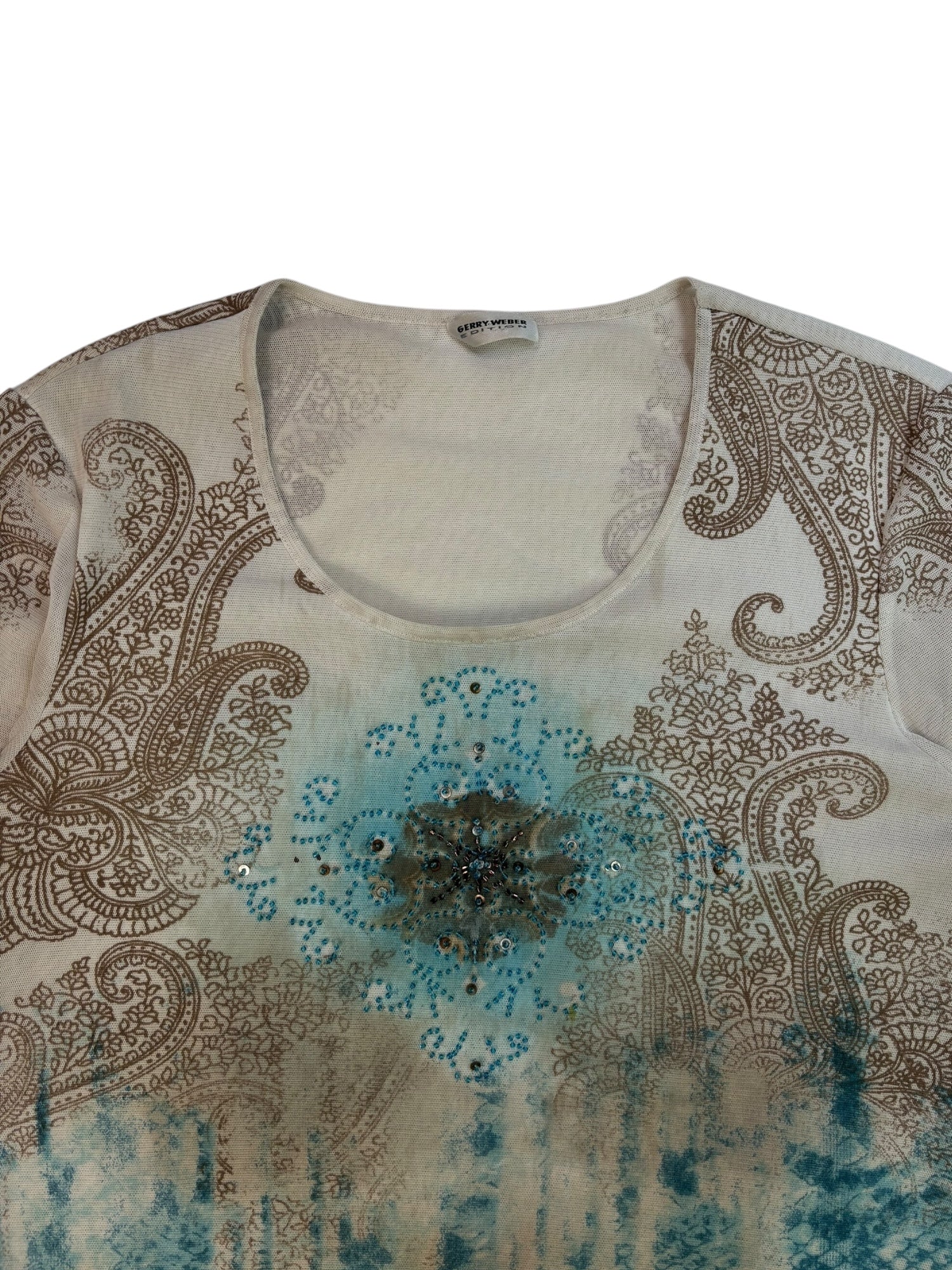 (M) Gerry Weber Blue and Brown Beaded Mesh Top