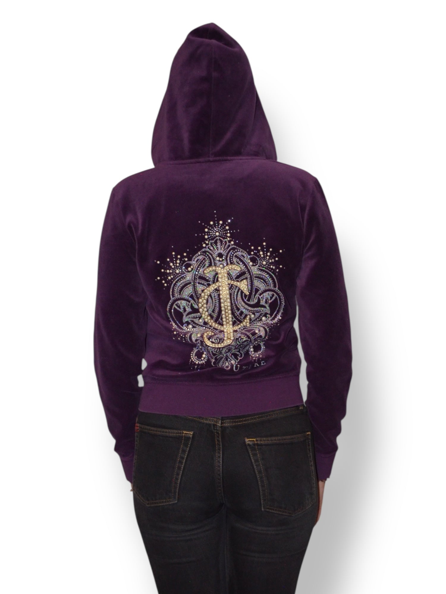 (M) Dark Purple Embellished Juicy Coture Velour Zip-up Hoodie