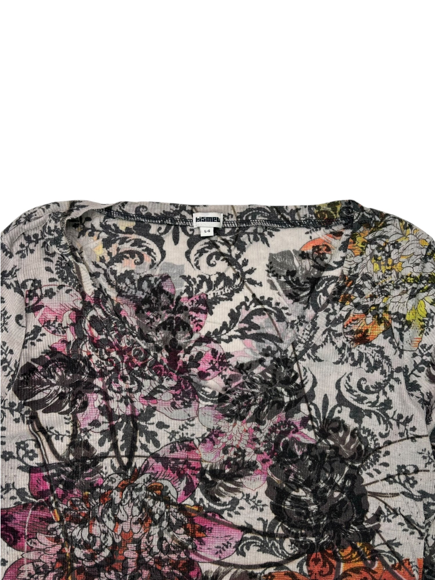 (L) Kismet Grey Floral Printed Long Sleeve Waffle Tee