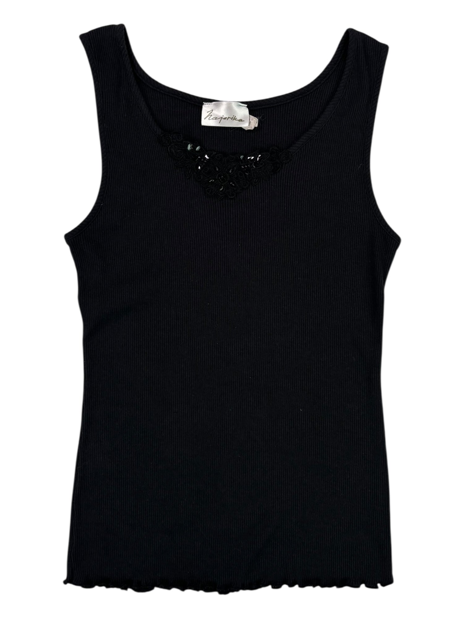 (M) Black Ribbed Floral Detail Tank Top