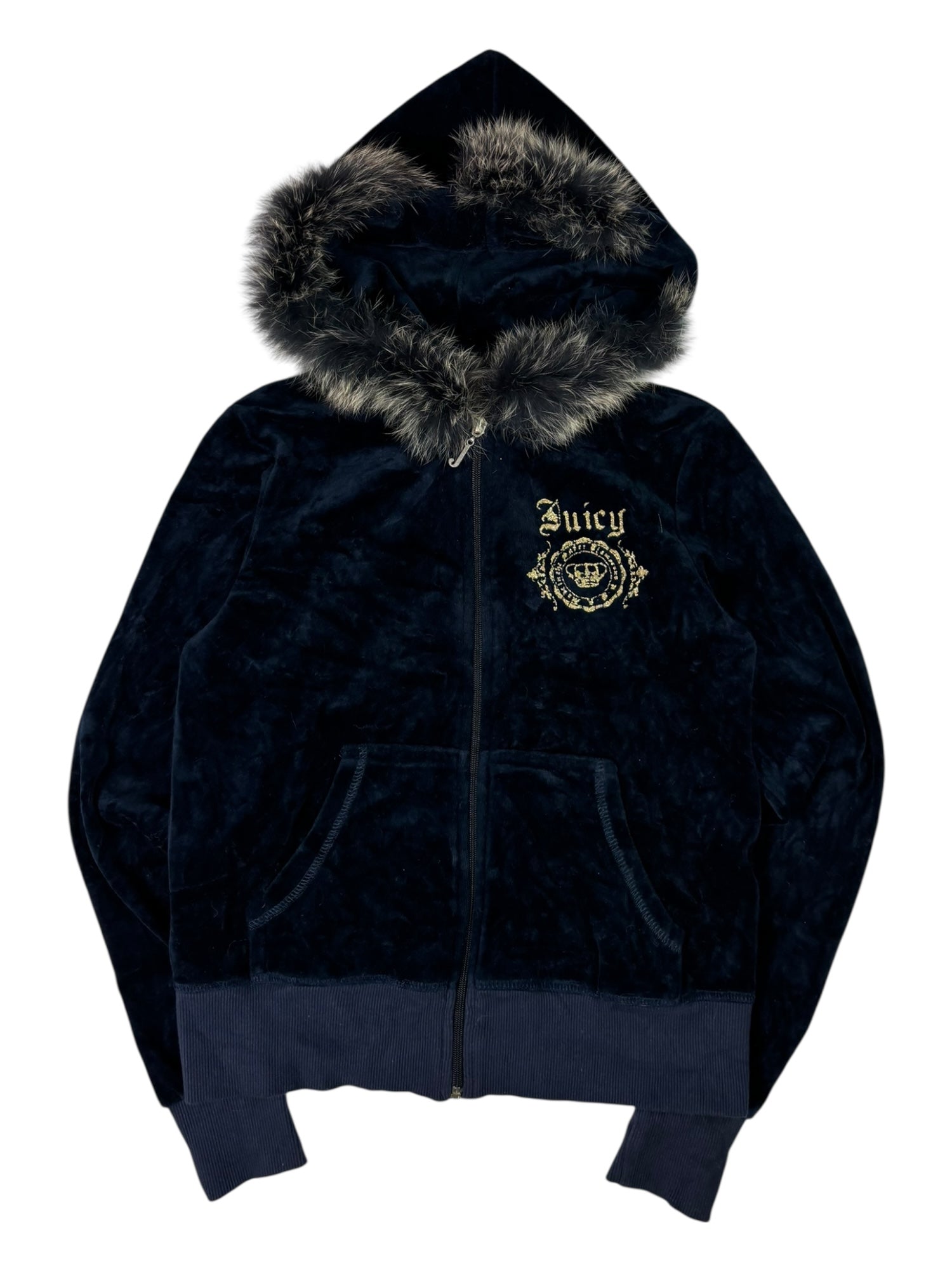 (S) Dark Navy Fur Trim Embroidered Juicy Couture Zip-Up Hoodie