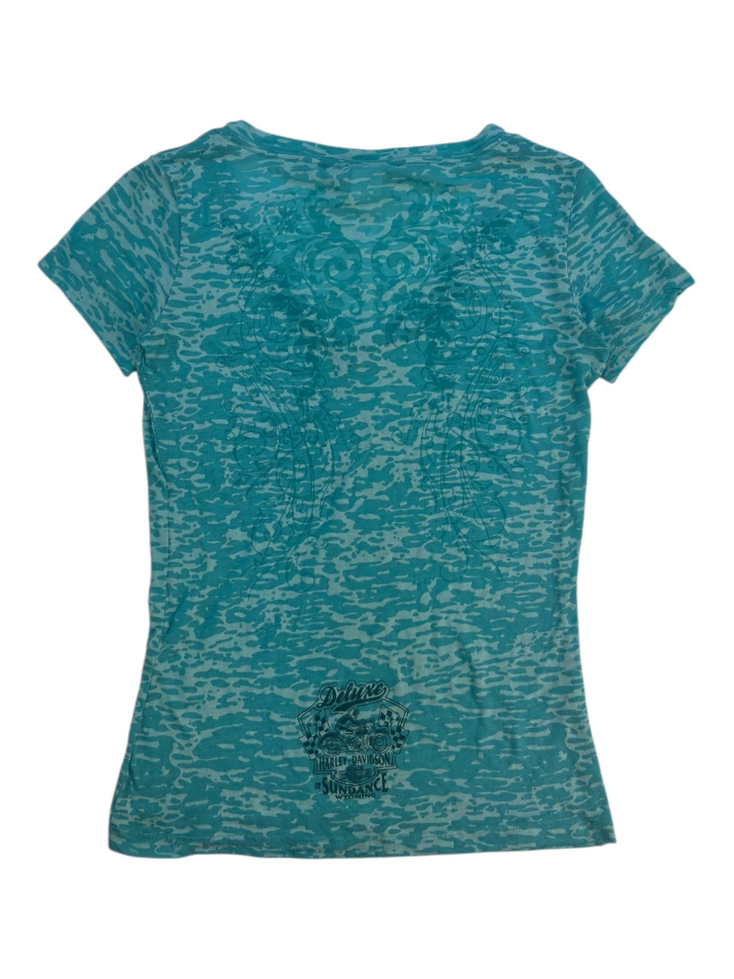 (XS) Blue Embellished Burnout Style Harley Davidon Tee
