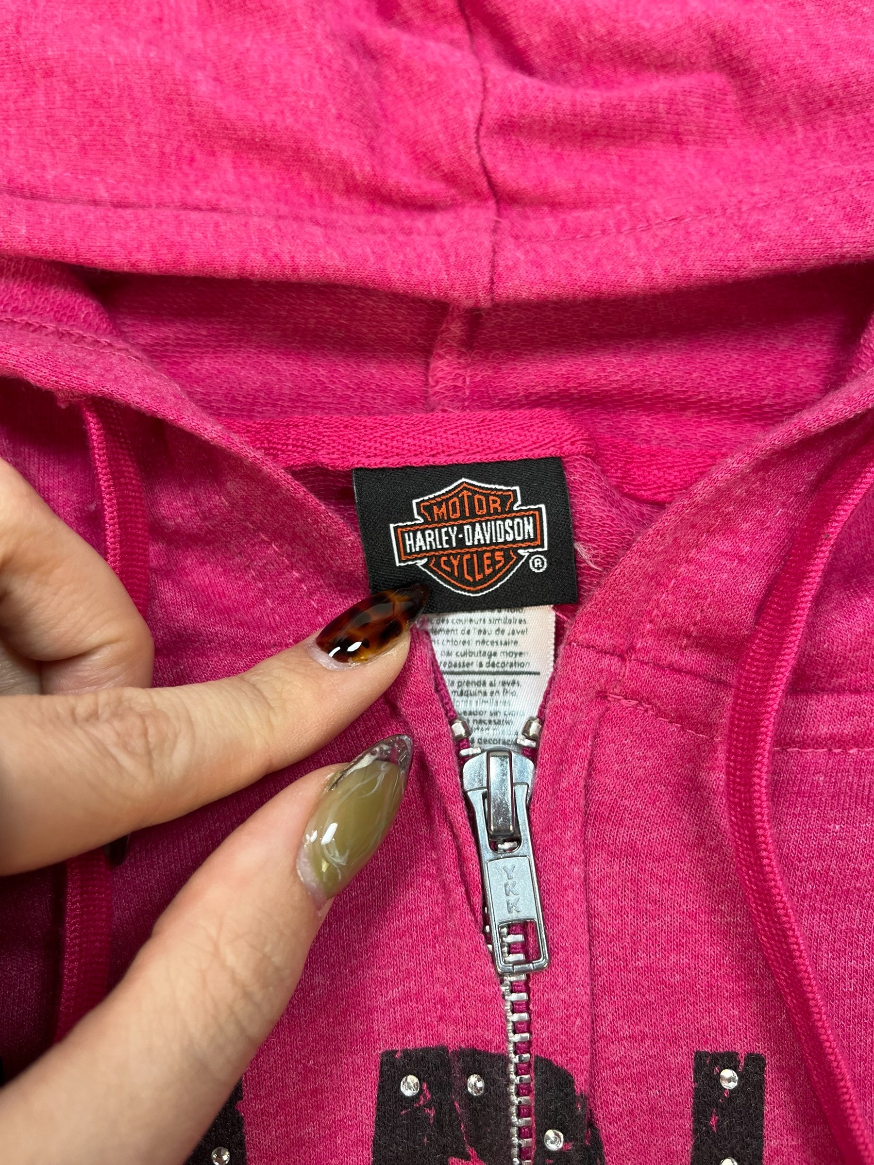 (M) Pink Harley Davidson Embellished Zip-up Hoodie