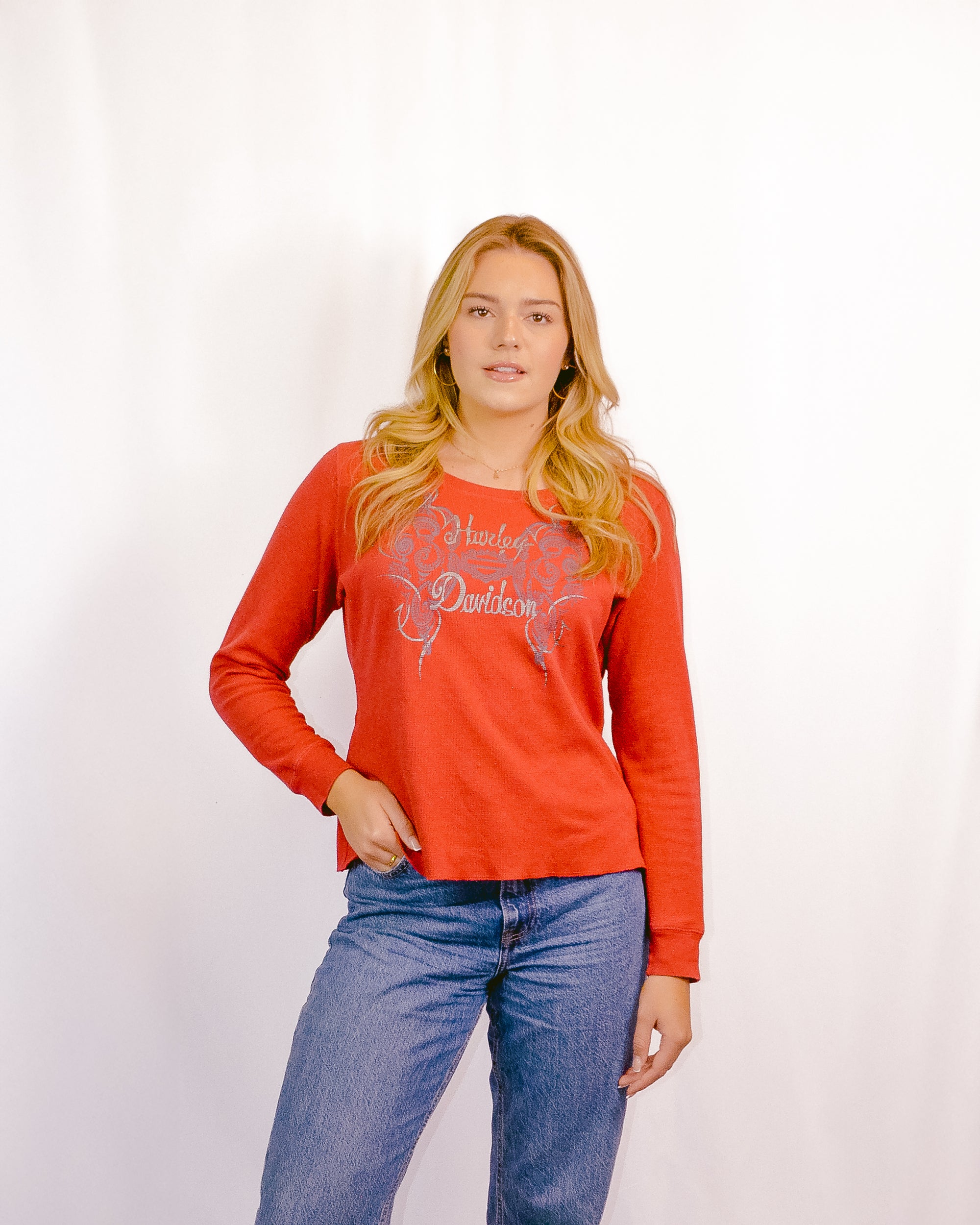 (XL) Red Waffle Knit Harley Davidson Long Sleeve