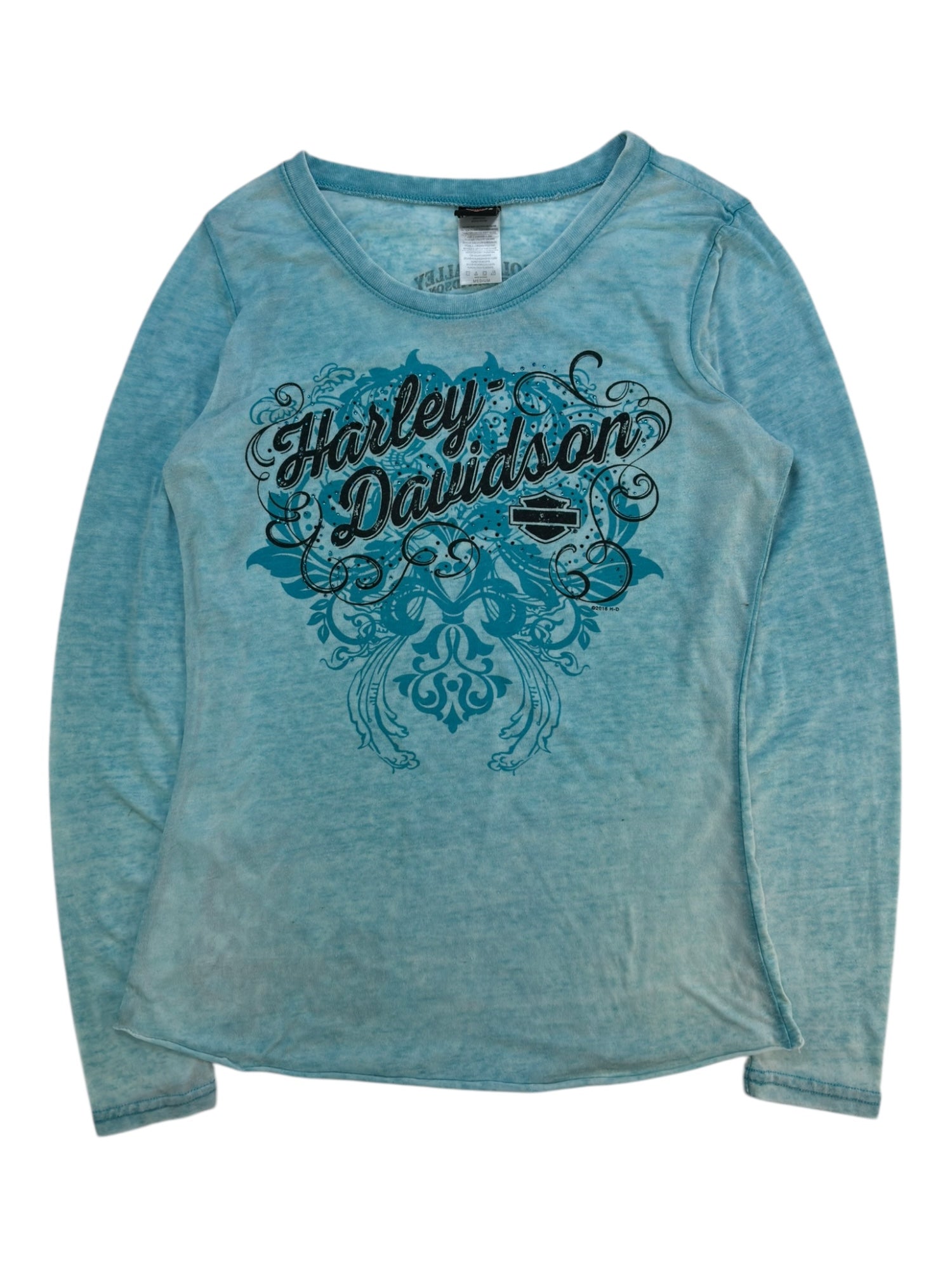 (M) Red Deer Blue Embellished Long Sleeve Harley Davidson Tee
