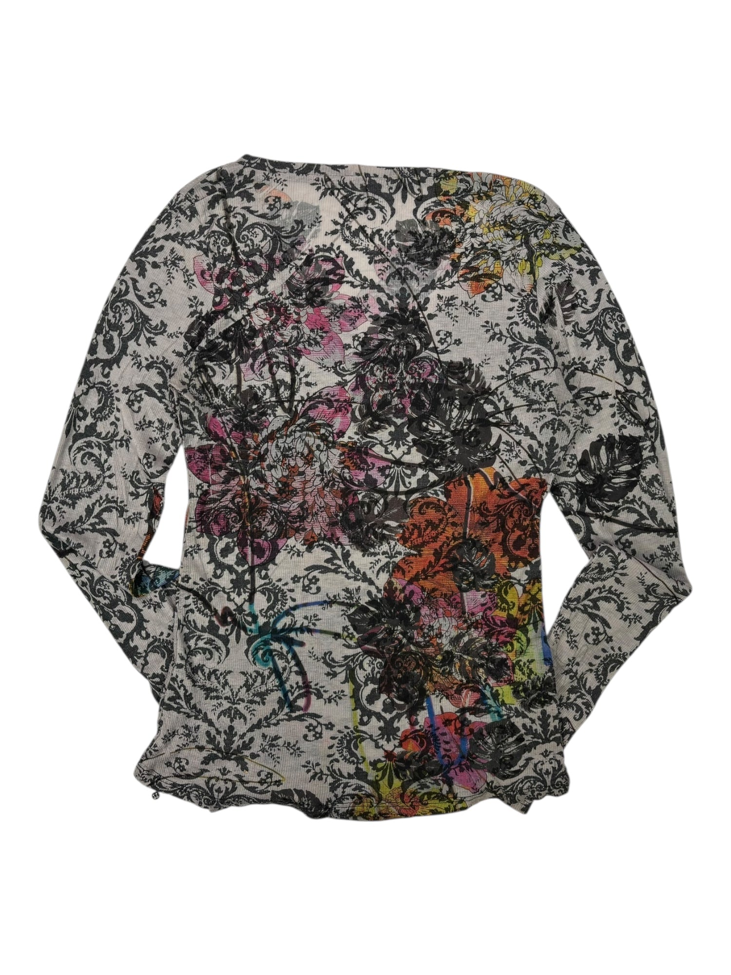 (L) Kismet Grey Floral Printed Long Sleeve Waffle Tee