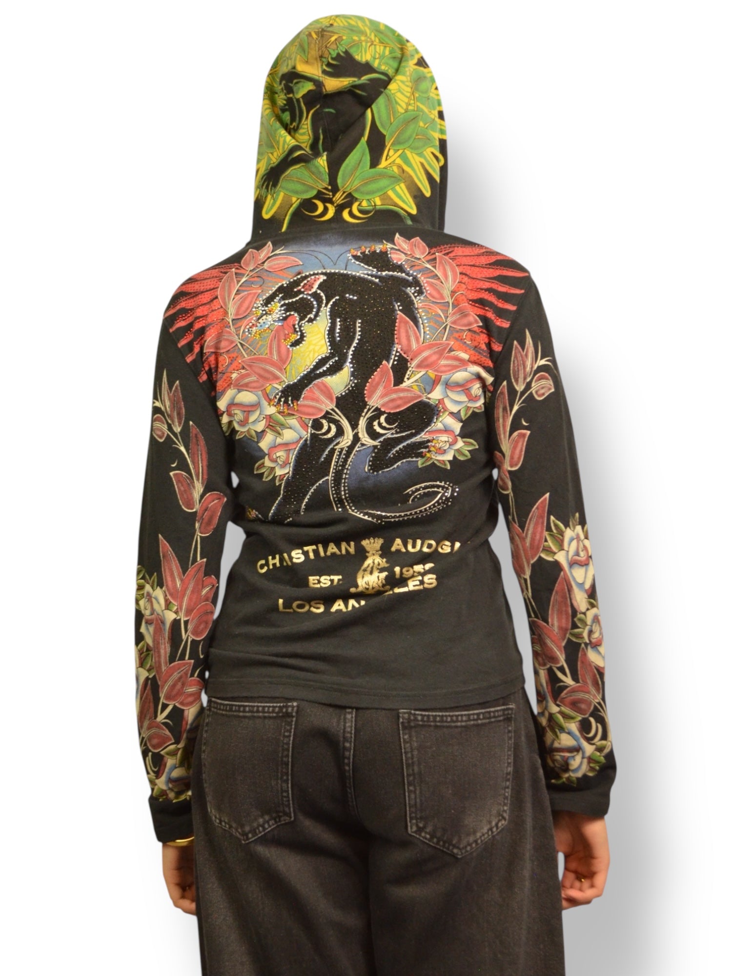(M) Christian Audigier Black Panther Rhinestone Zip up Hoodie