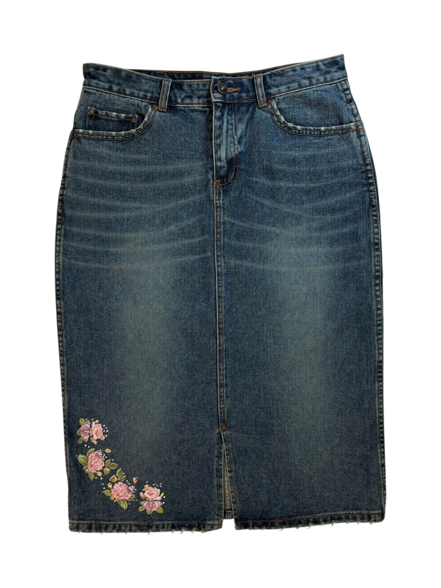 (29) Relaxed Jeans Embellished Denim Midi Skirt