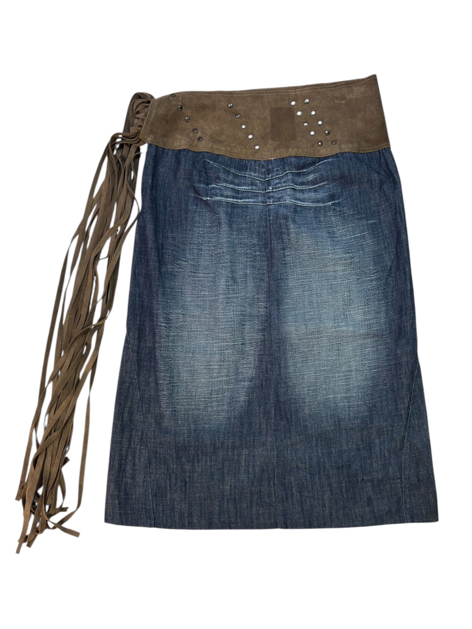 (28) Fringe Waist Detail Denim Midi Skirt