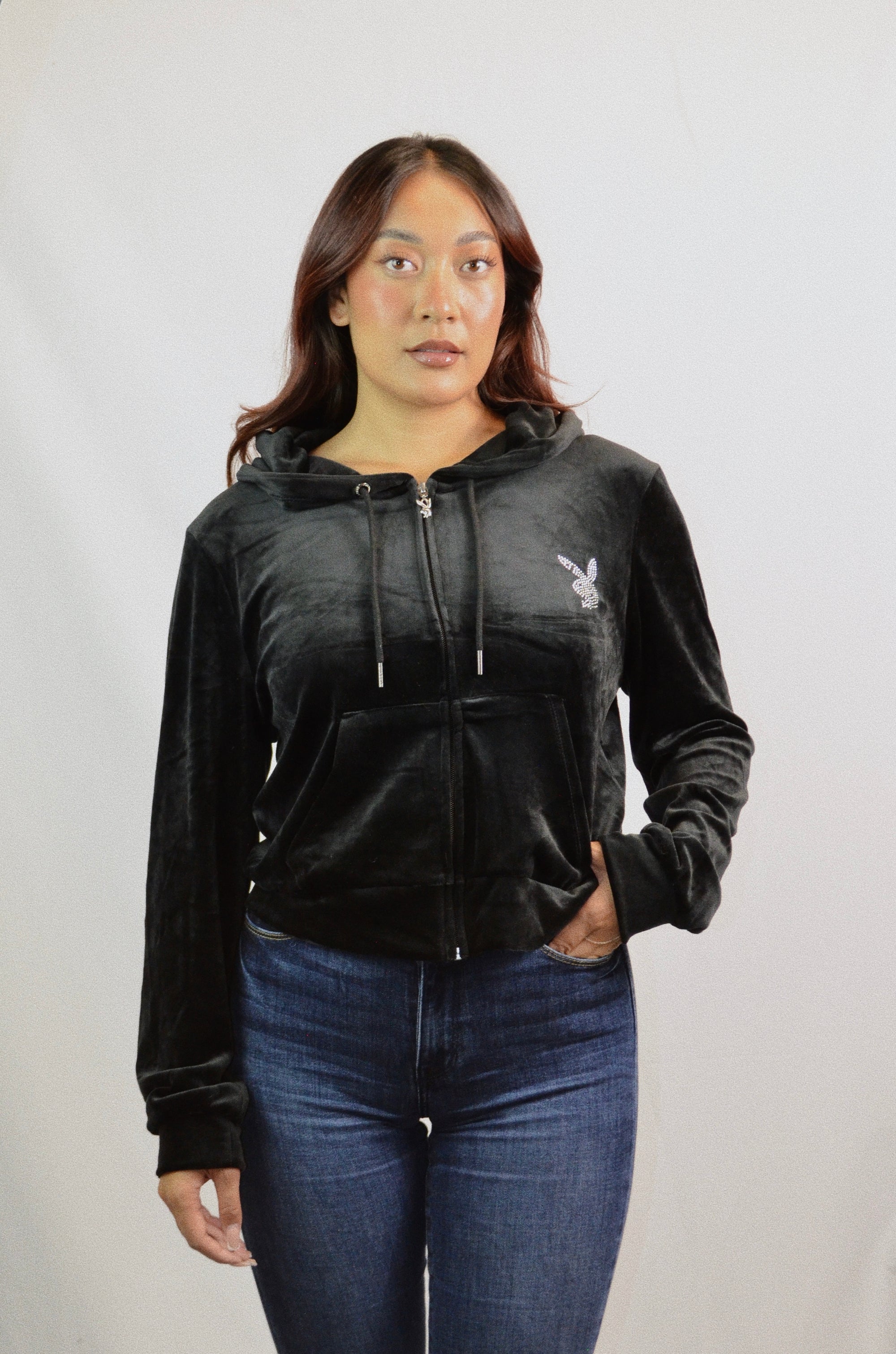 (L) Black Embellished Playboy Zip-up Hoodie