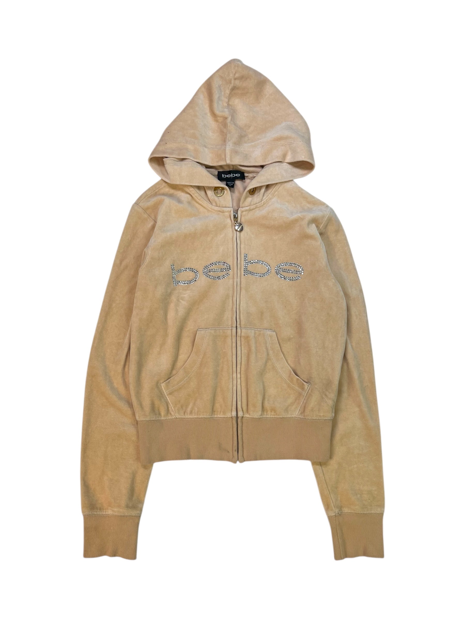 (XS) bebe Beige Embellished Velour Zip-up Hoodie