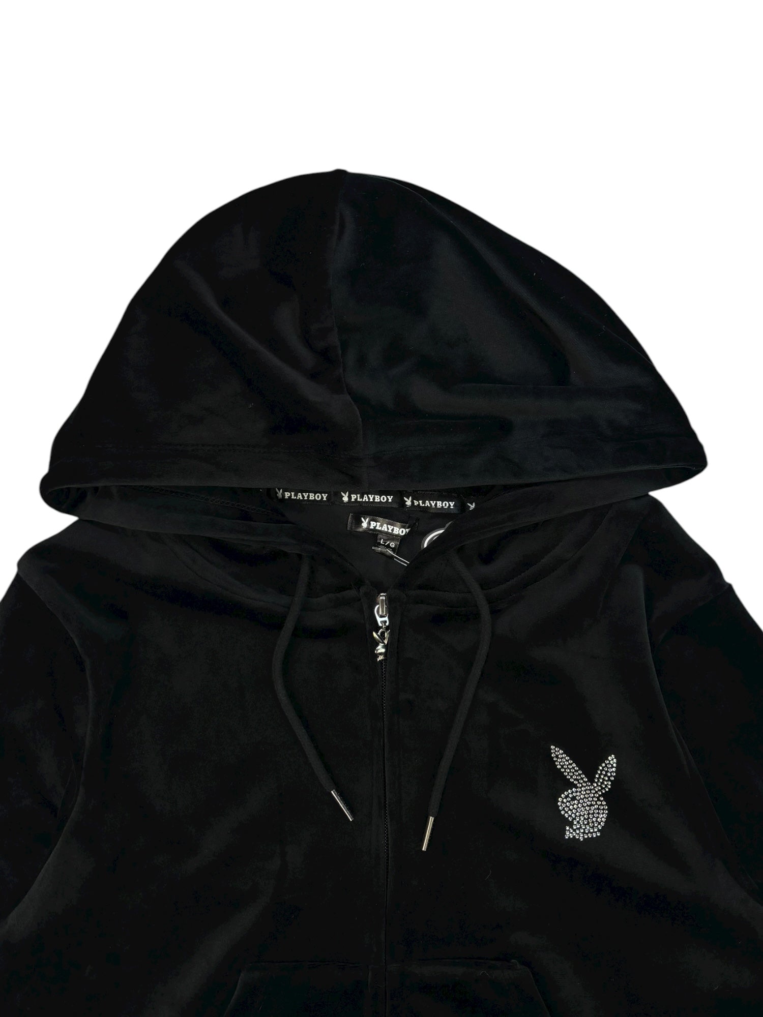 (L) Black Embellished Playboy Zip-up Hoodie