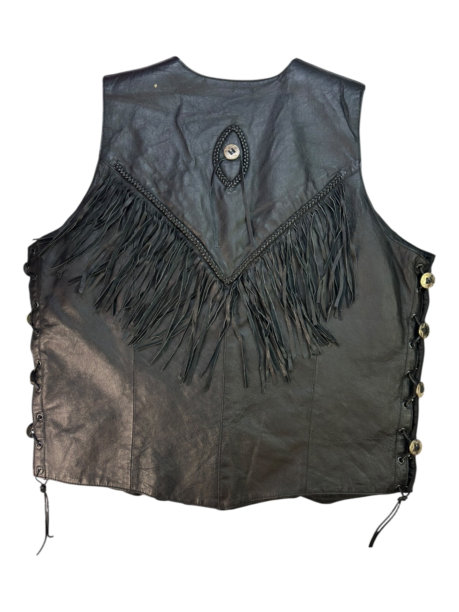 (2XL) Black Fringe Leather Vest