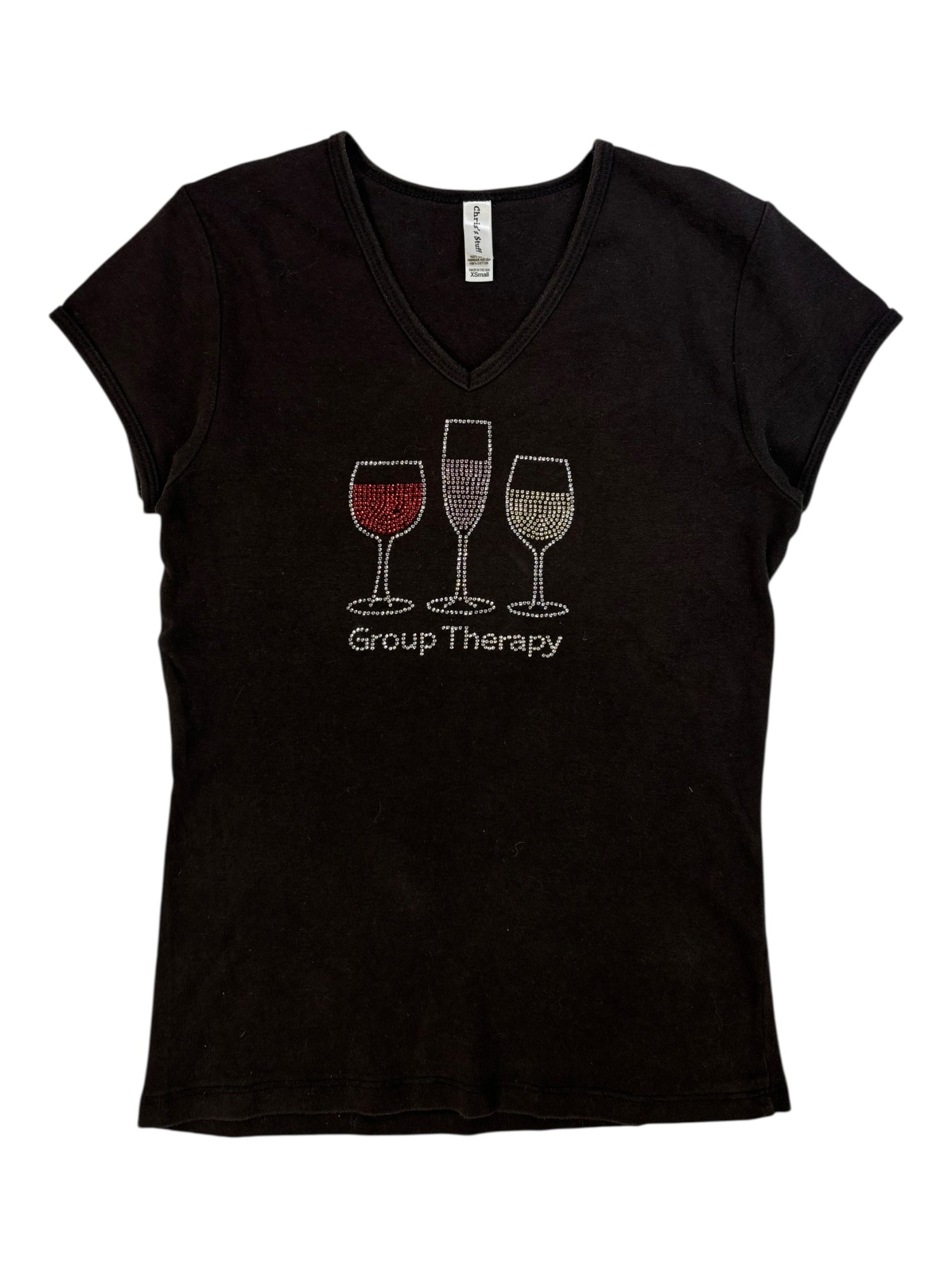 (XS) Faded Embellished Wine Glass V-neck Baby Tee
