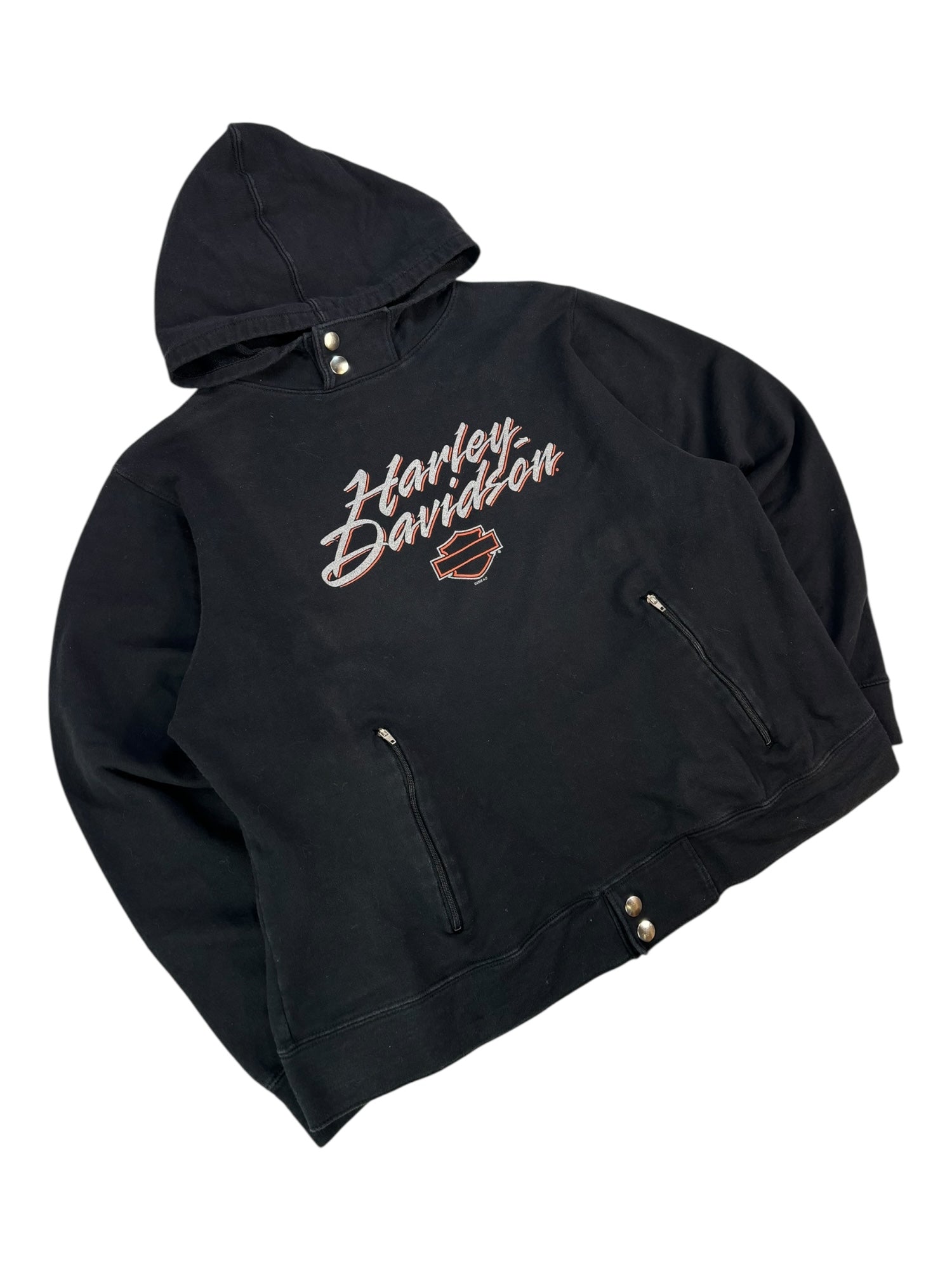 (L) Black Harley Davidson Pull Over Hoodie with Button Details