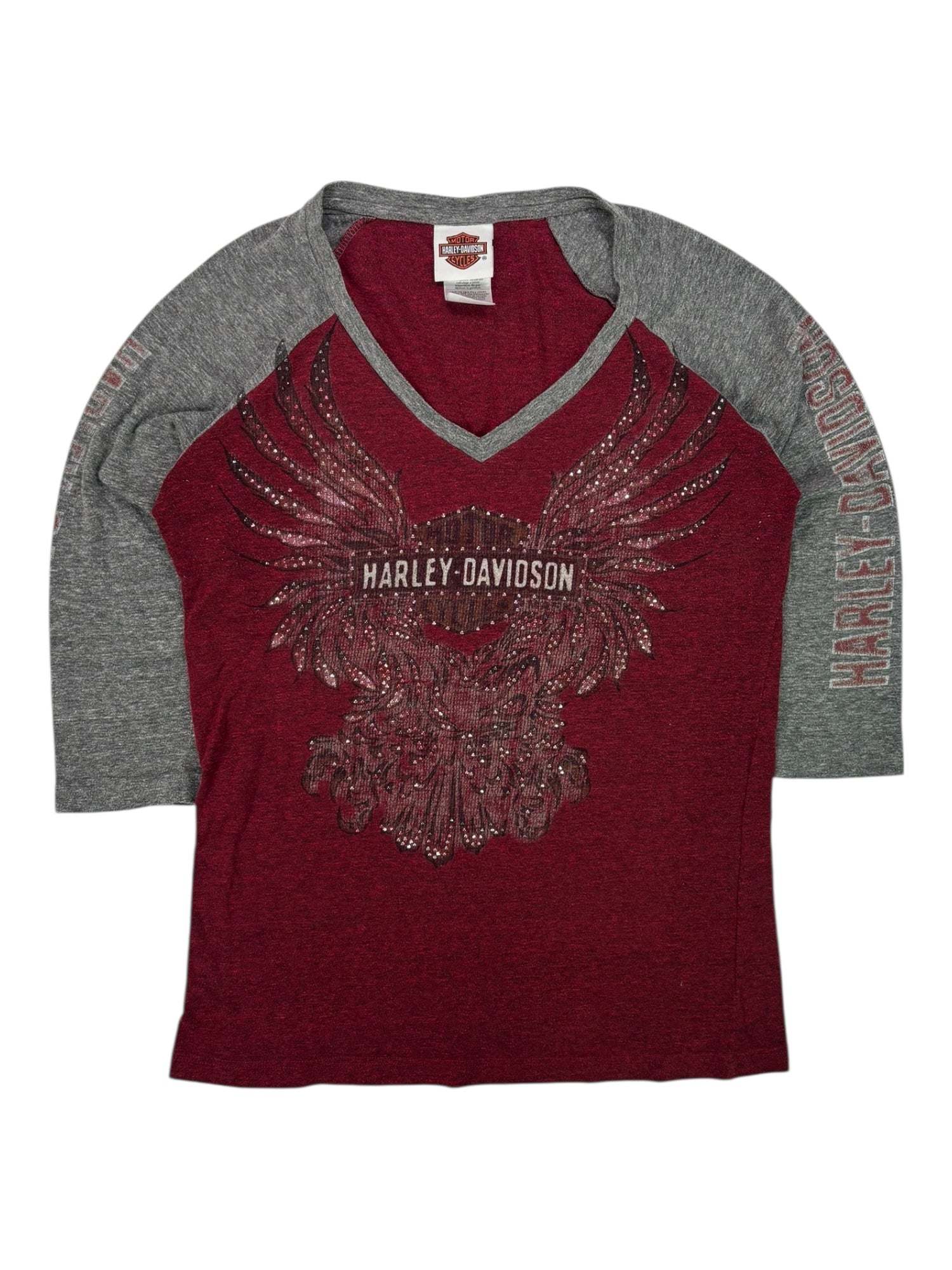 (M) Maroon Harley Davidson 3/4 Sleeve Embellished Baseball Style Tee