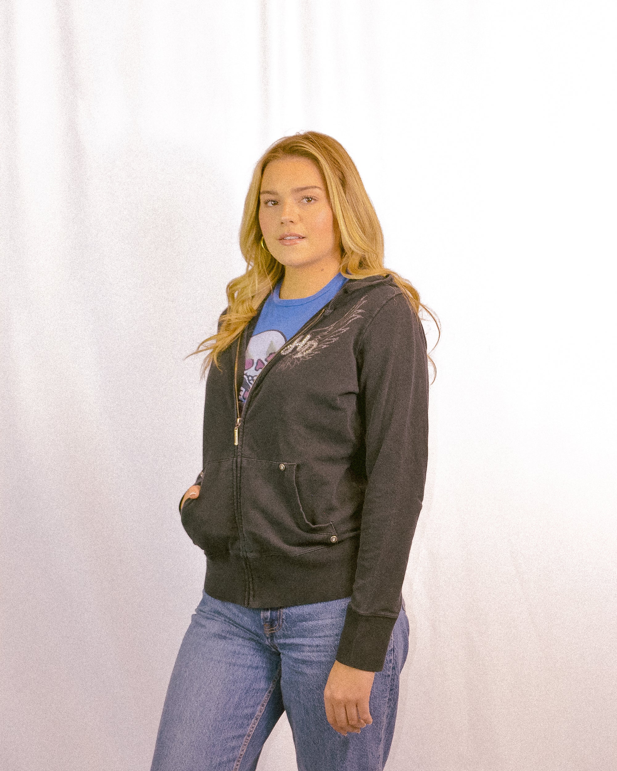 (M/L) Harley Davidson Embellished Black Zip Up Hoodie