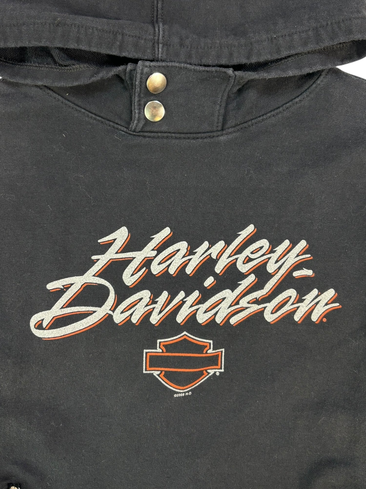 (L) Black Harley Davidson Pull Over Hoodie with Button Details
