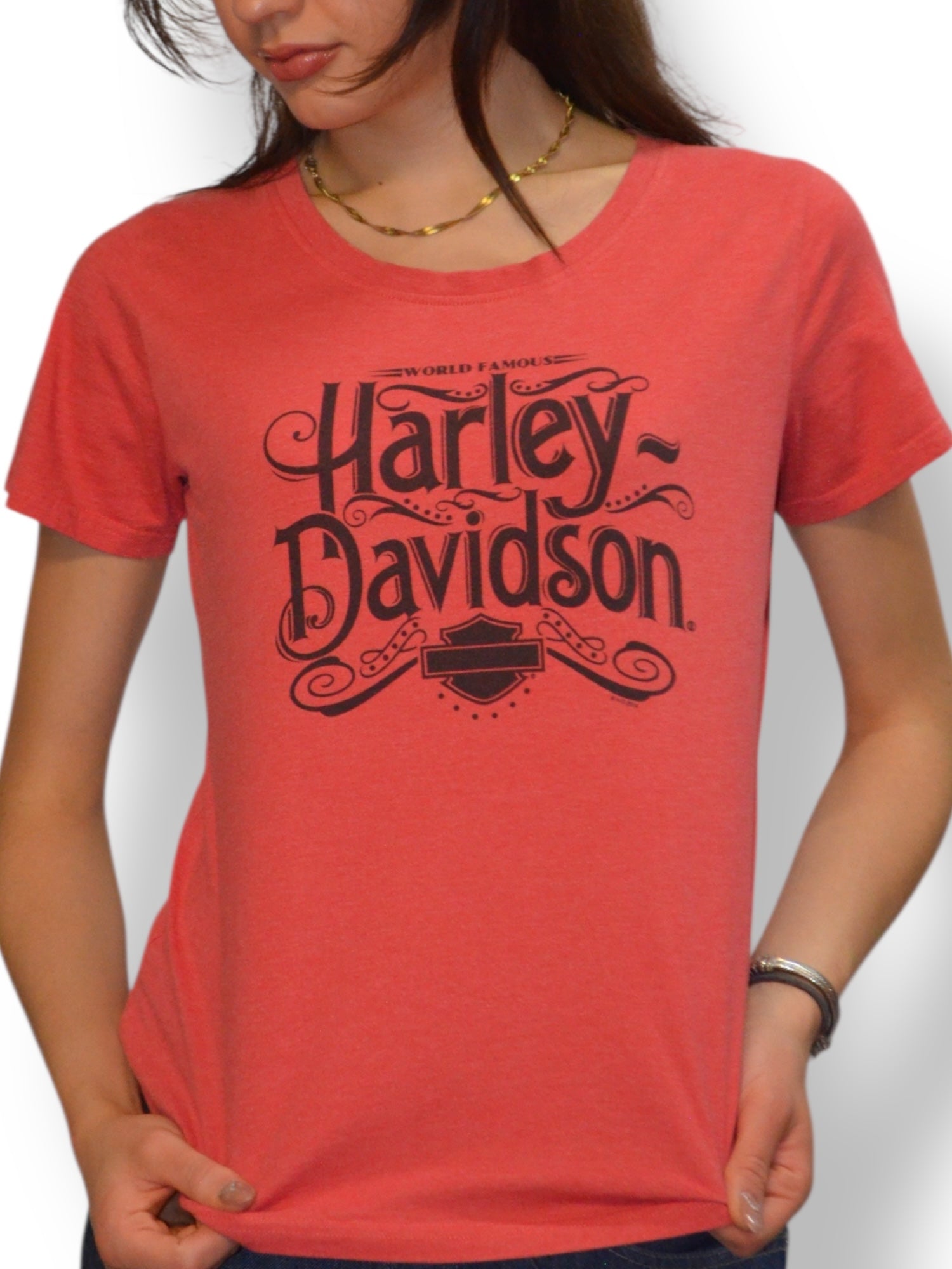 (M/L) Red Deer Gasoline Alley Pink Harley Davidson Tee