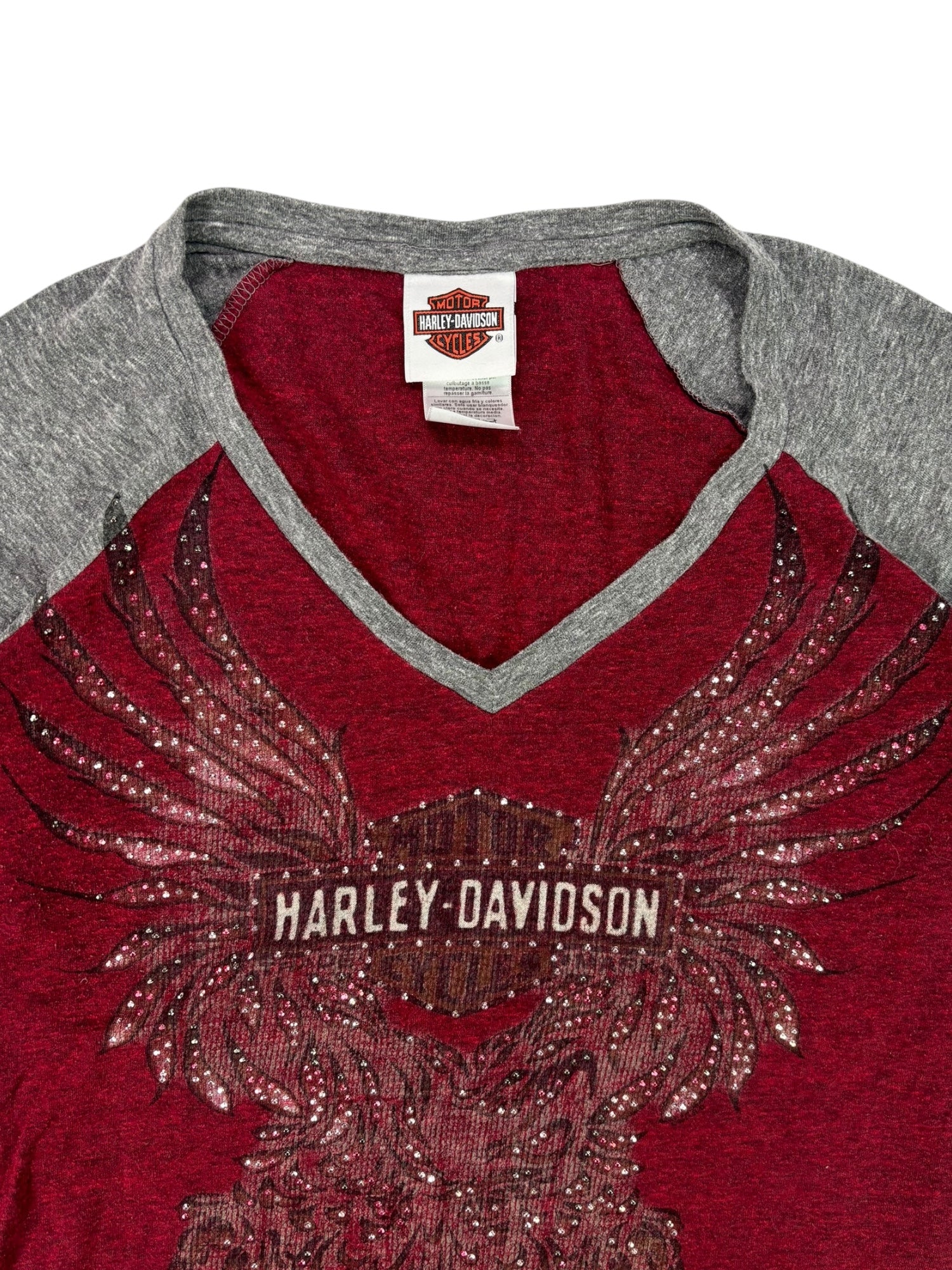 (M) Maroon Harley Davidson 3/4 Sleeve Embellished Baseball Style Tee