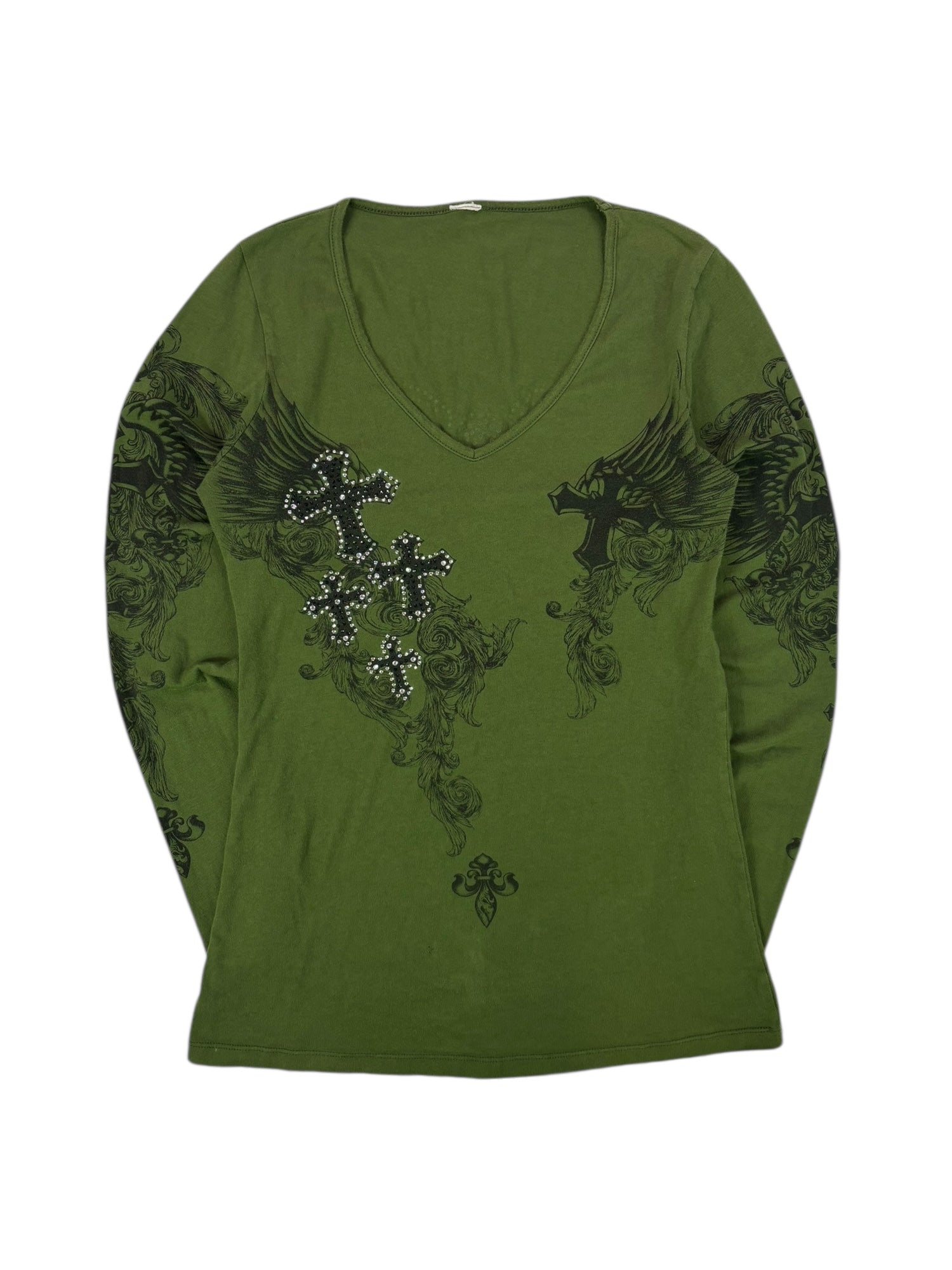 (M) Y2K Embellished Cross Green Longsleeve