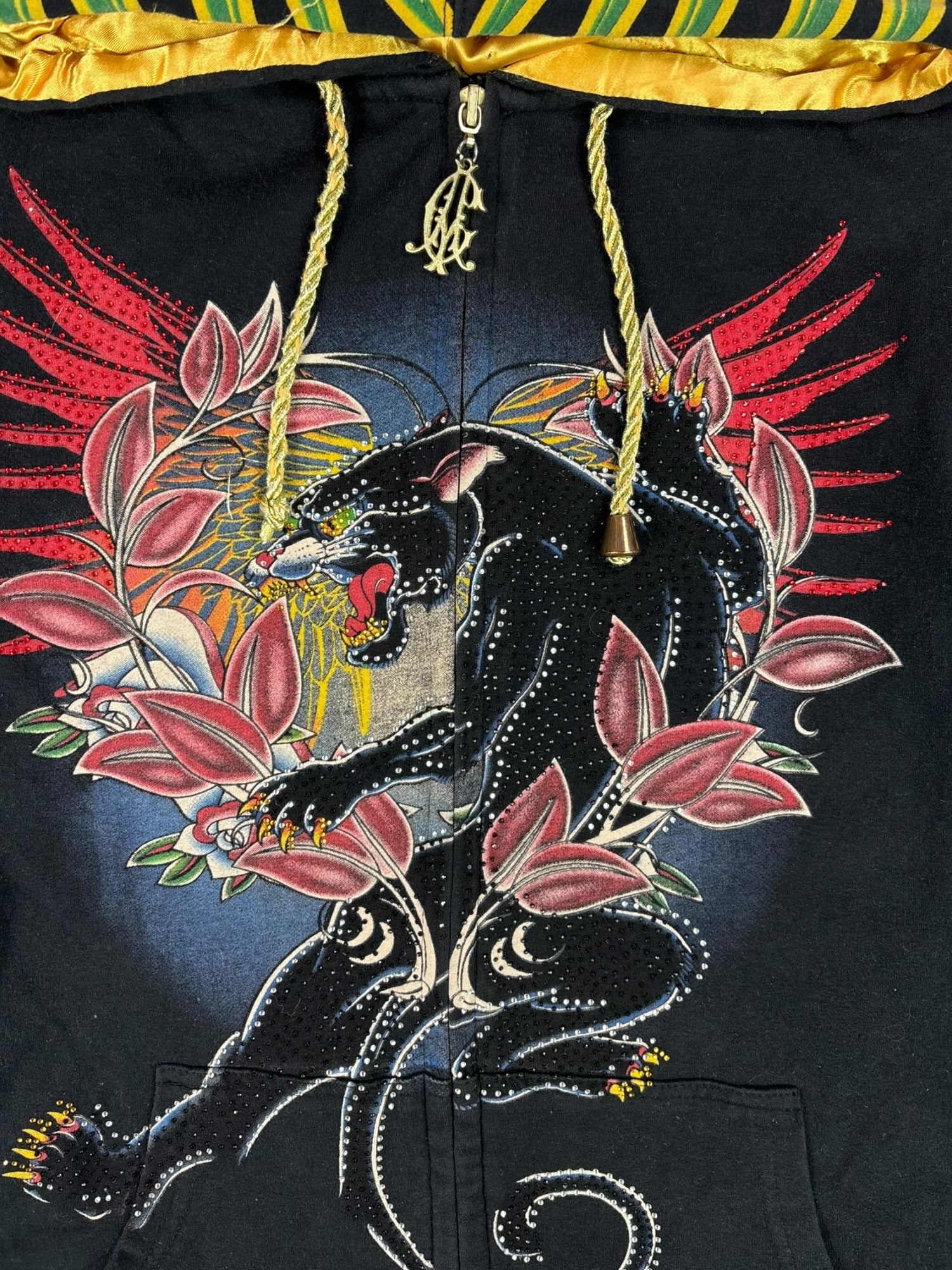 (M) Christian Audigier Black Panther Rhinestone Zip up Hoodie