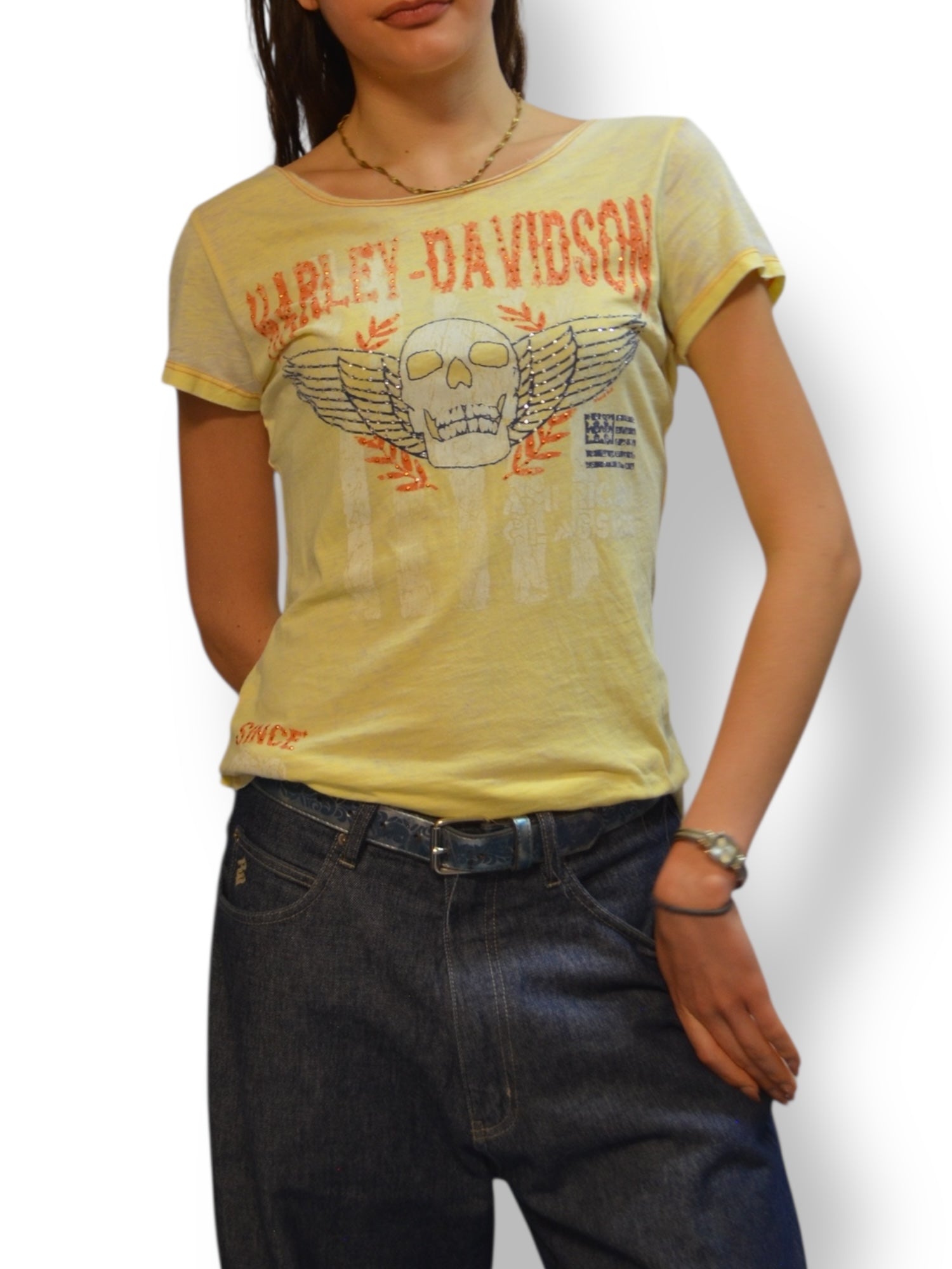 (M) Yellow Embellished Burnout Style Harley Davidson Tee