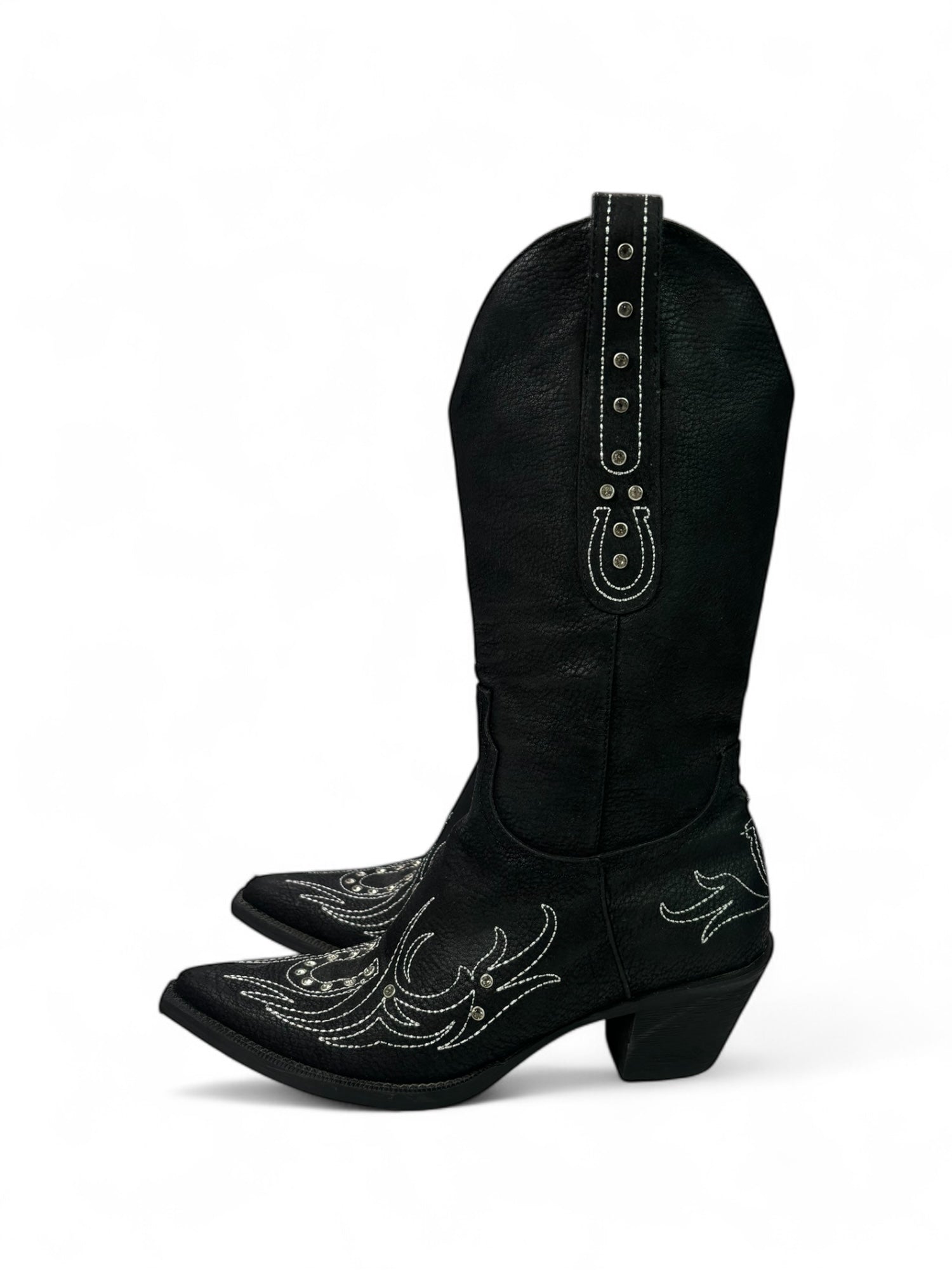 (7) Black Faux Leather Embellished Roper Cowgirl Boots