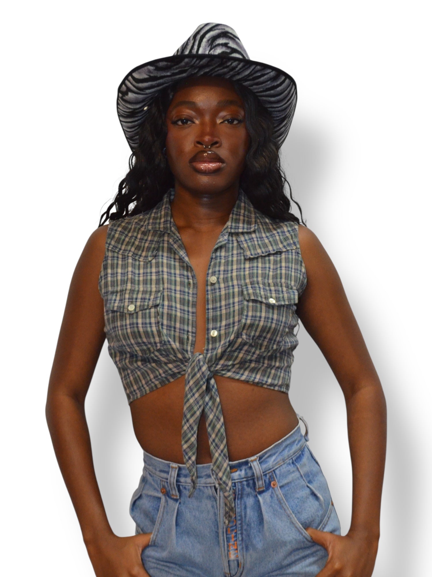 (XS) Plaid Cropped Sleeveless Top