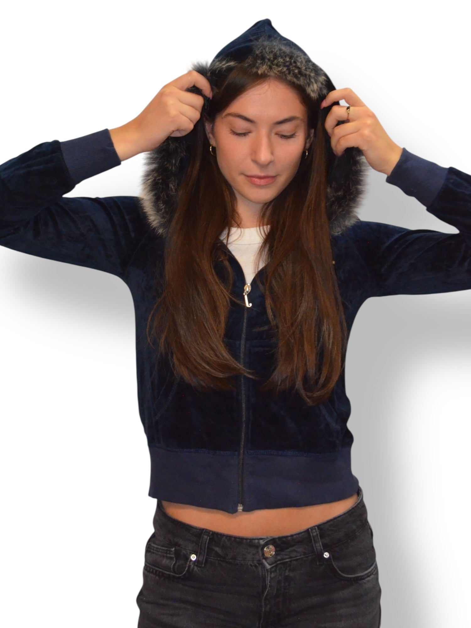 (S) Dark Navy Fur Trim Embroidered Juicy Couture Zip-Up Hoodie