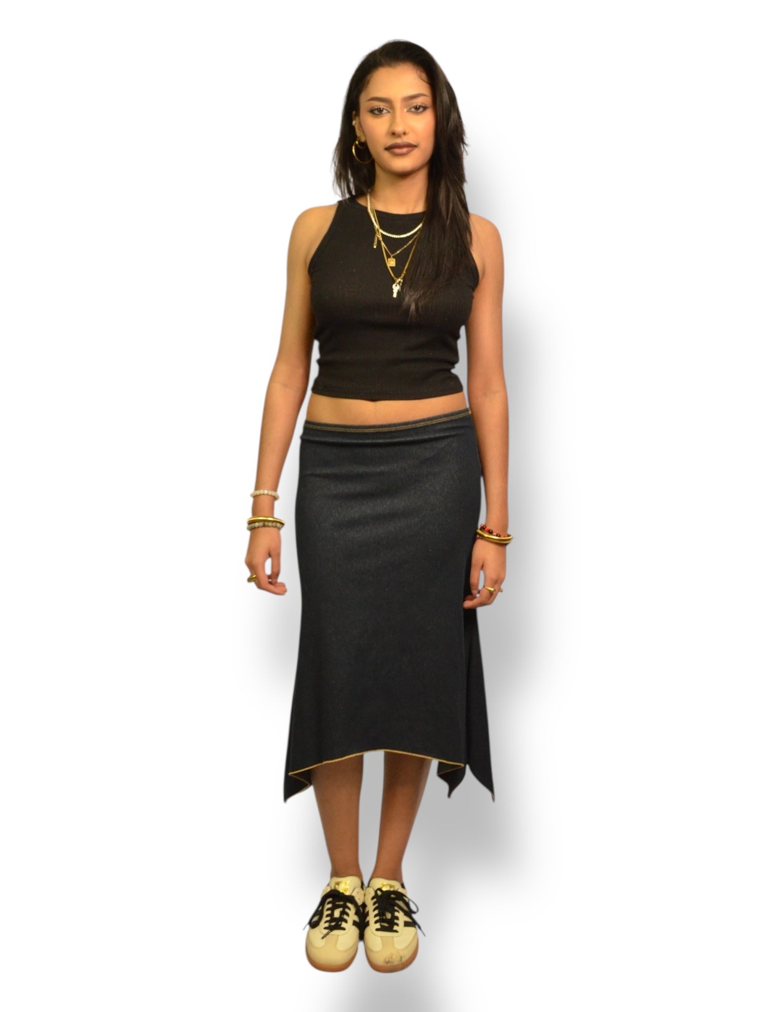 (27) Vintage Sirens Faux Denim Midi Skirt