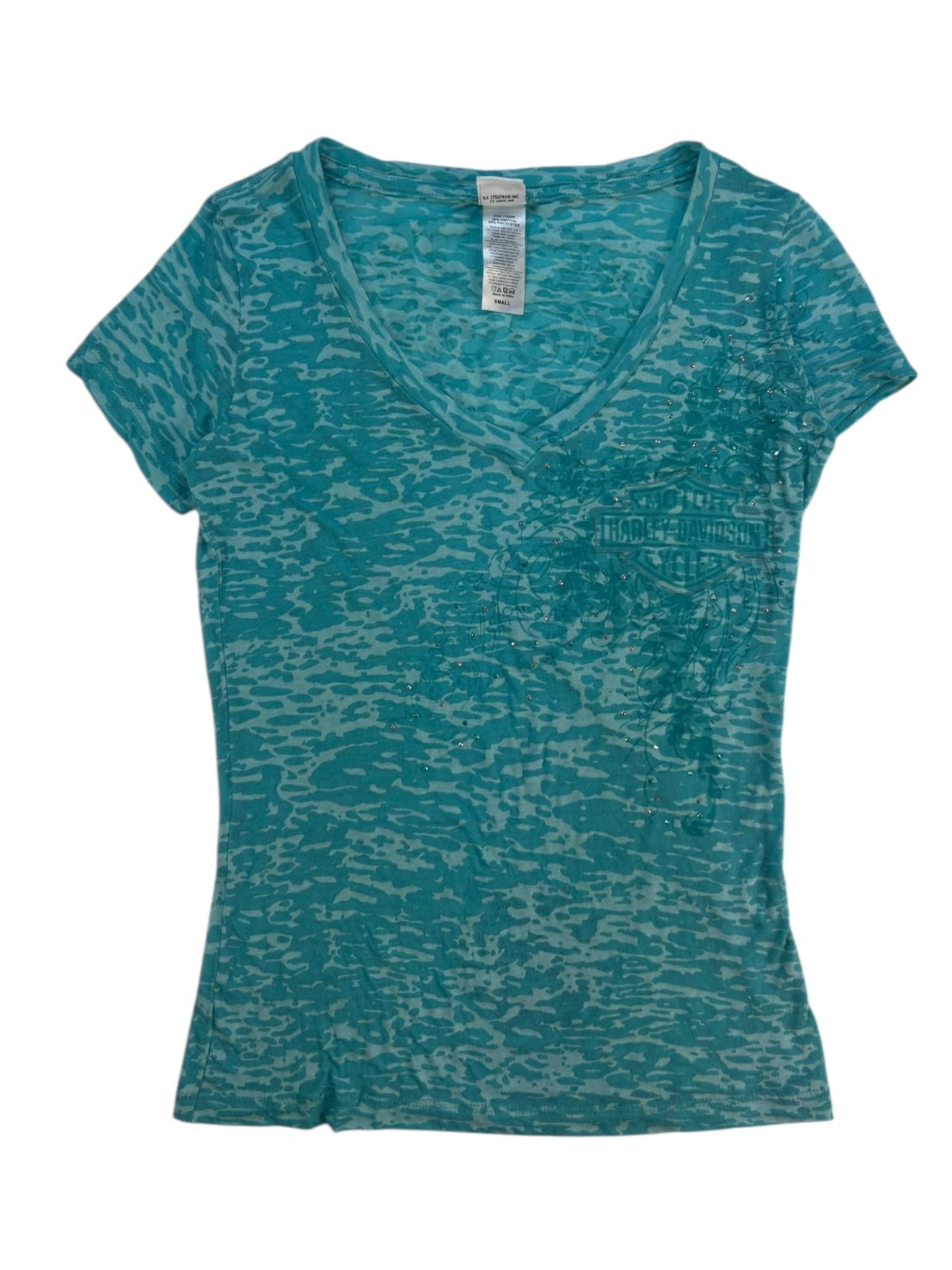 (XS) Blue Embellished Burnout Style Harley Davidon Tee