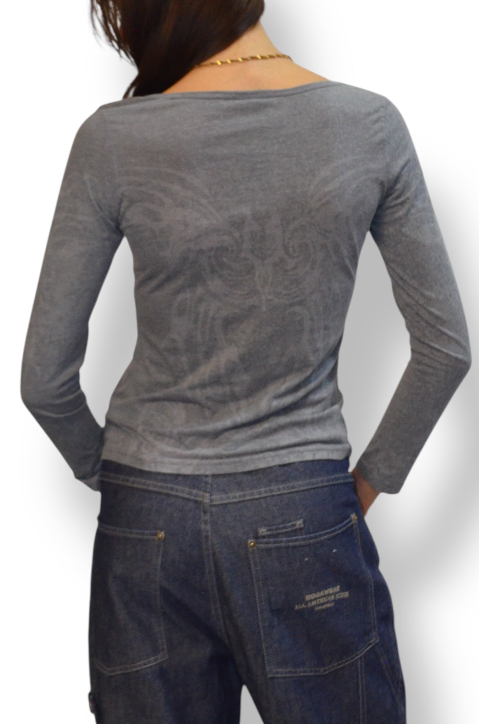 (M) Gray and Pink Embellished Long Sleeve Harley Davidson Tee