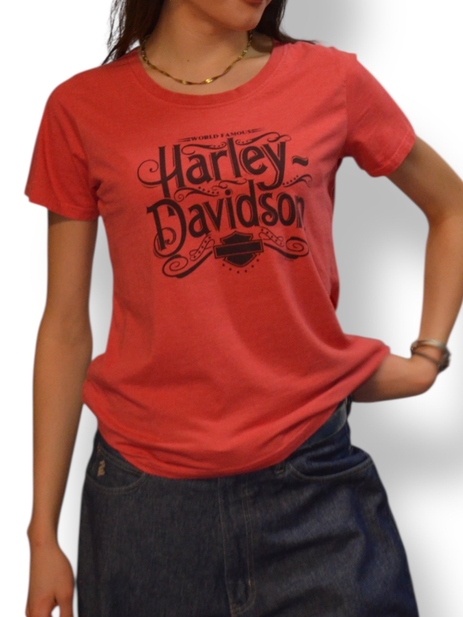 (M/L) Red Deer Gasoline Alley Pink Harley Davidson Tee