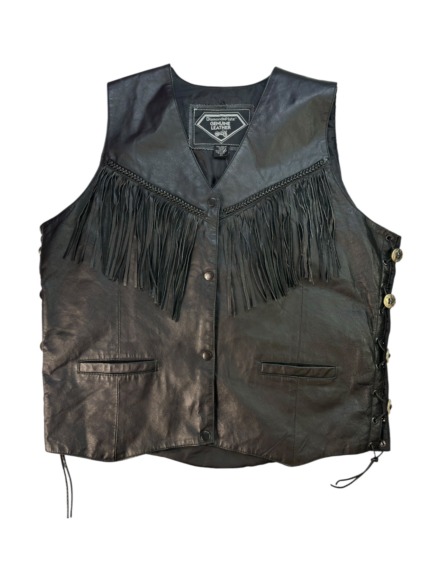 (2XL) Black Fringe Leather Vest