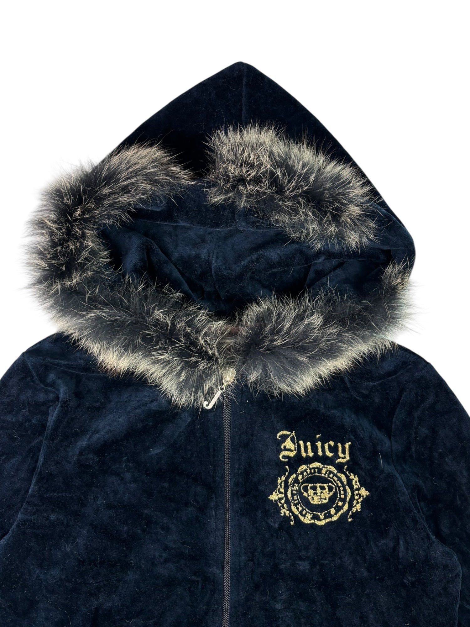 (S) Dark Navy Fur Trim Embroidered Juicy Couture Zip-Up Hoodie